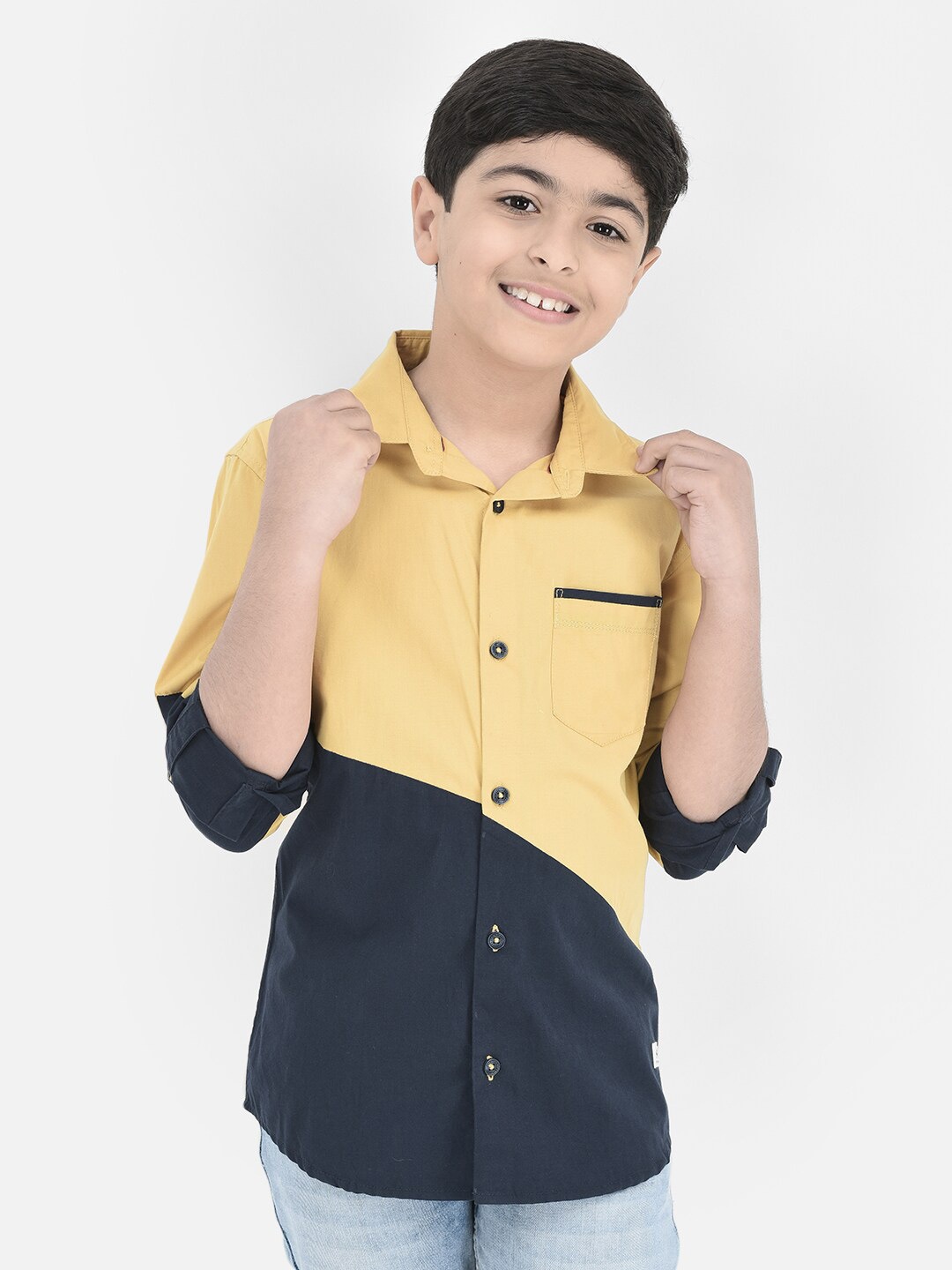 

Crimsoune Club Boys Standard Slim Fit Colourblocked Pure Cotton Casual Shirt, Mustard