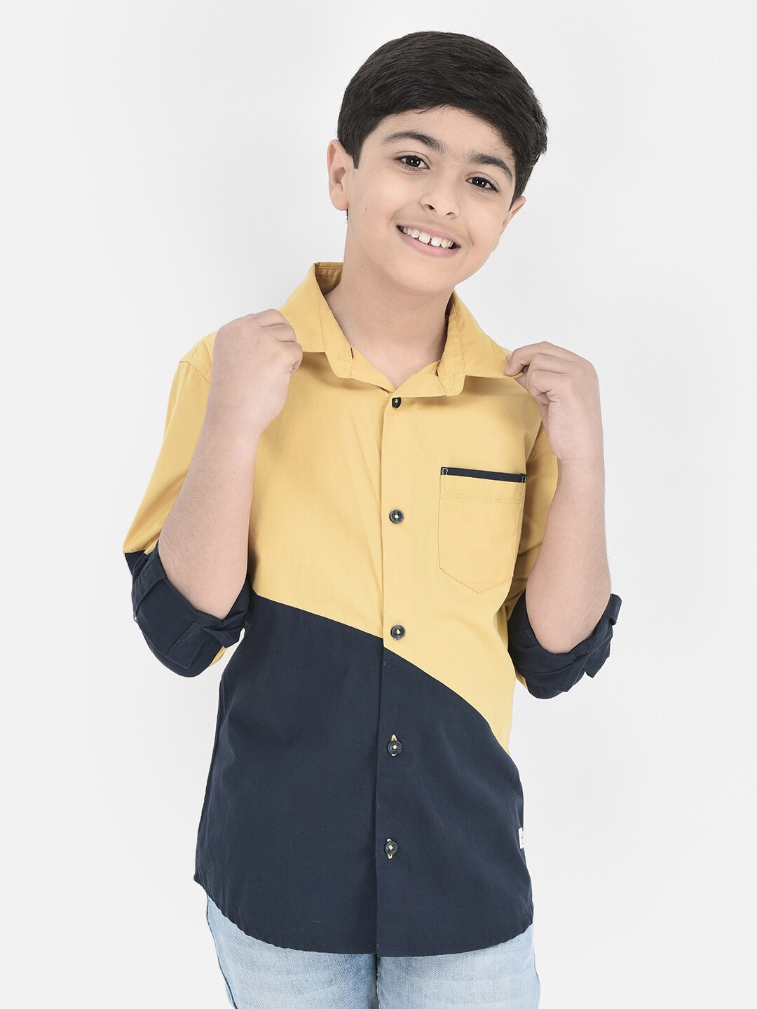 

Crimsoune Club Boys Colourblocked Standard Slim Fit Opaque Casual Shirt, Mustard