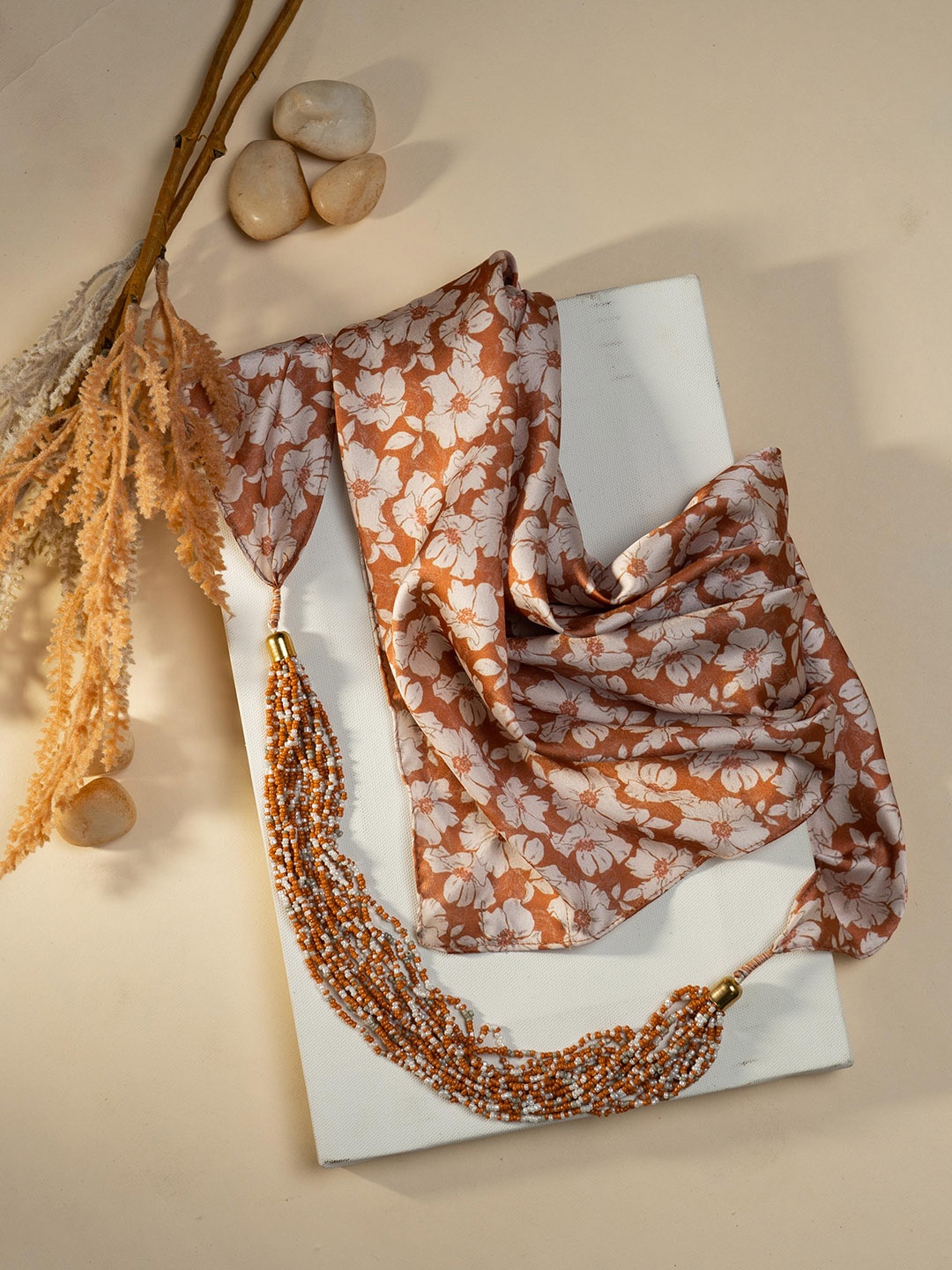 

ZOUK Floral Printed Satin Scarf, Orange