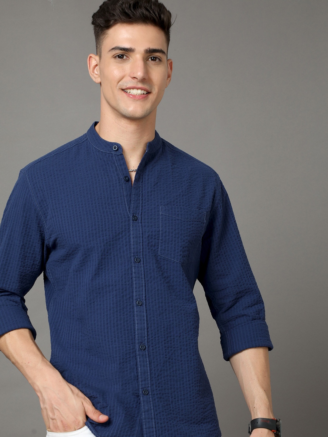 

Moda Rapido Navy Blue Slim Fit Self Design Cotton Casual Shirt