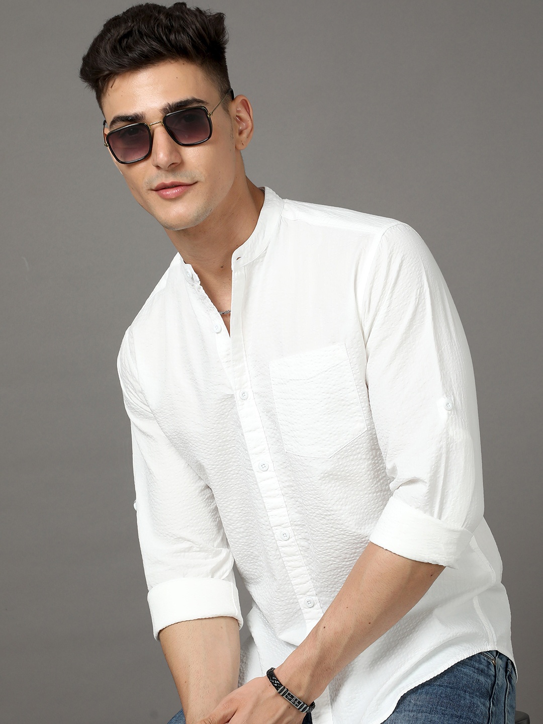 

Moda Rapido White Slim Fit Band Collar Casual Cotton Shirt