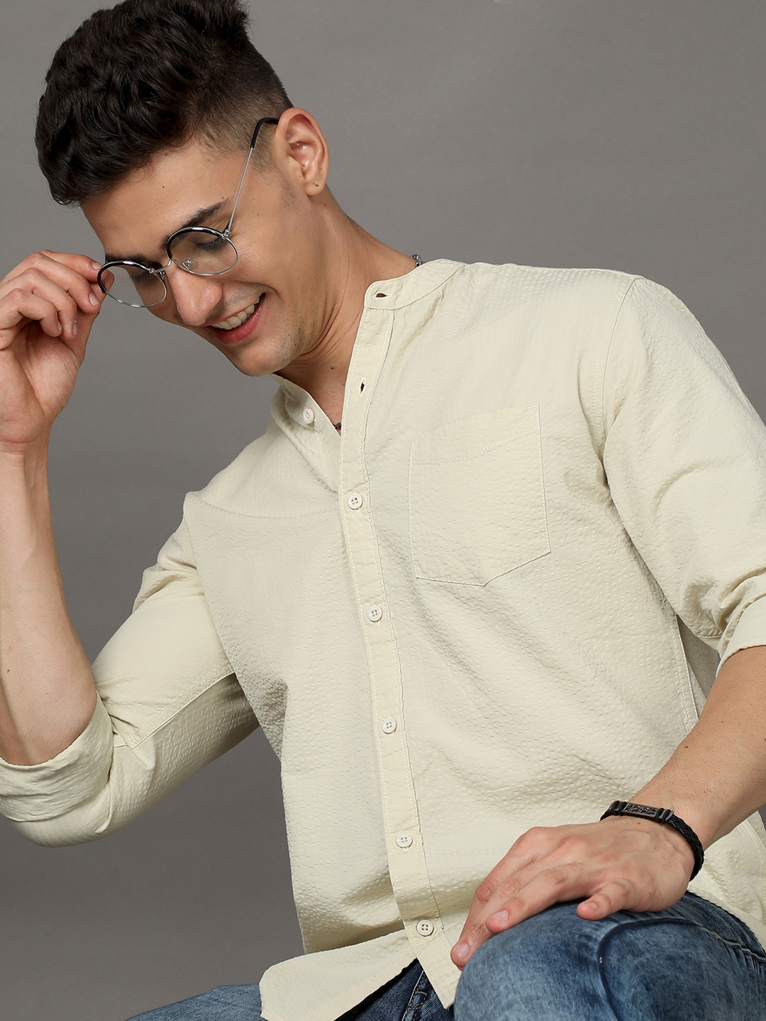 

Moda Rapido Beige Slim Fit Band Collar Casual Cotton Shirt