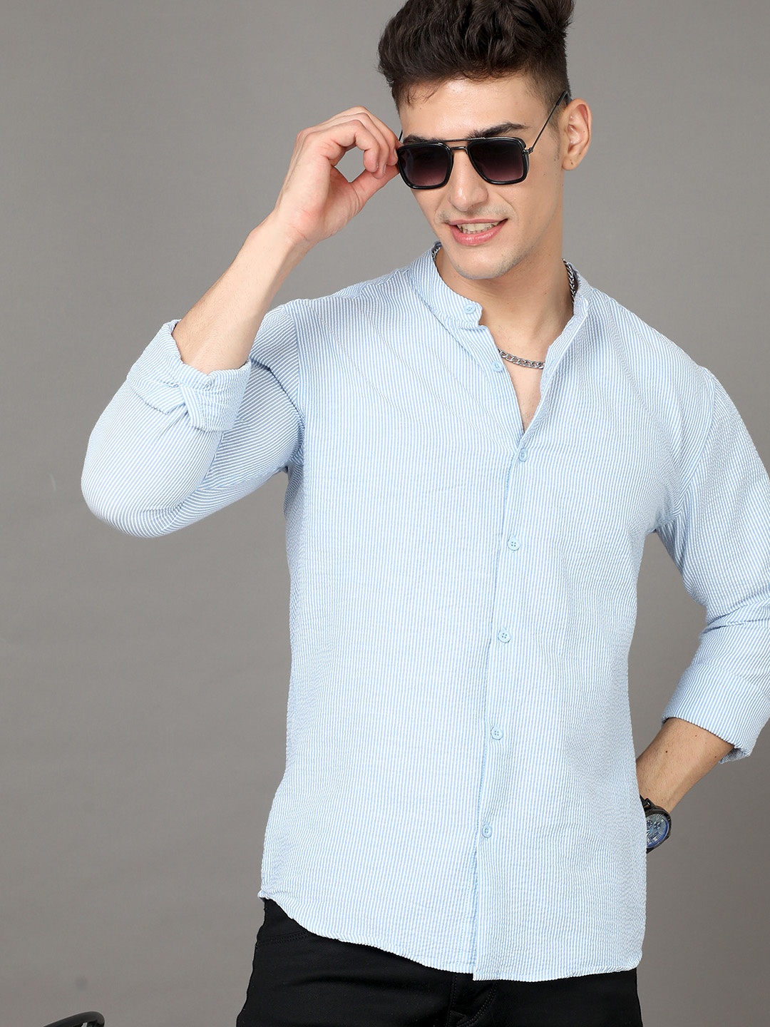 

Moda Rapido Blue Slim Fit Striped Band Collar Casual Cotton Shirt