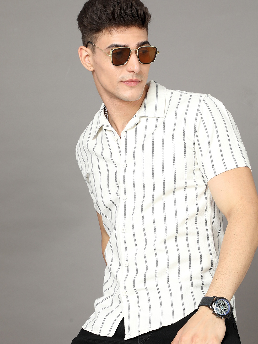 

Moda Rapido White Slim Fit Striped Casual Cotton Shirt