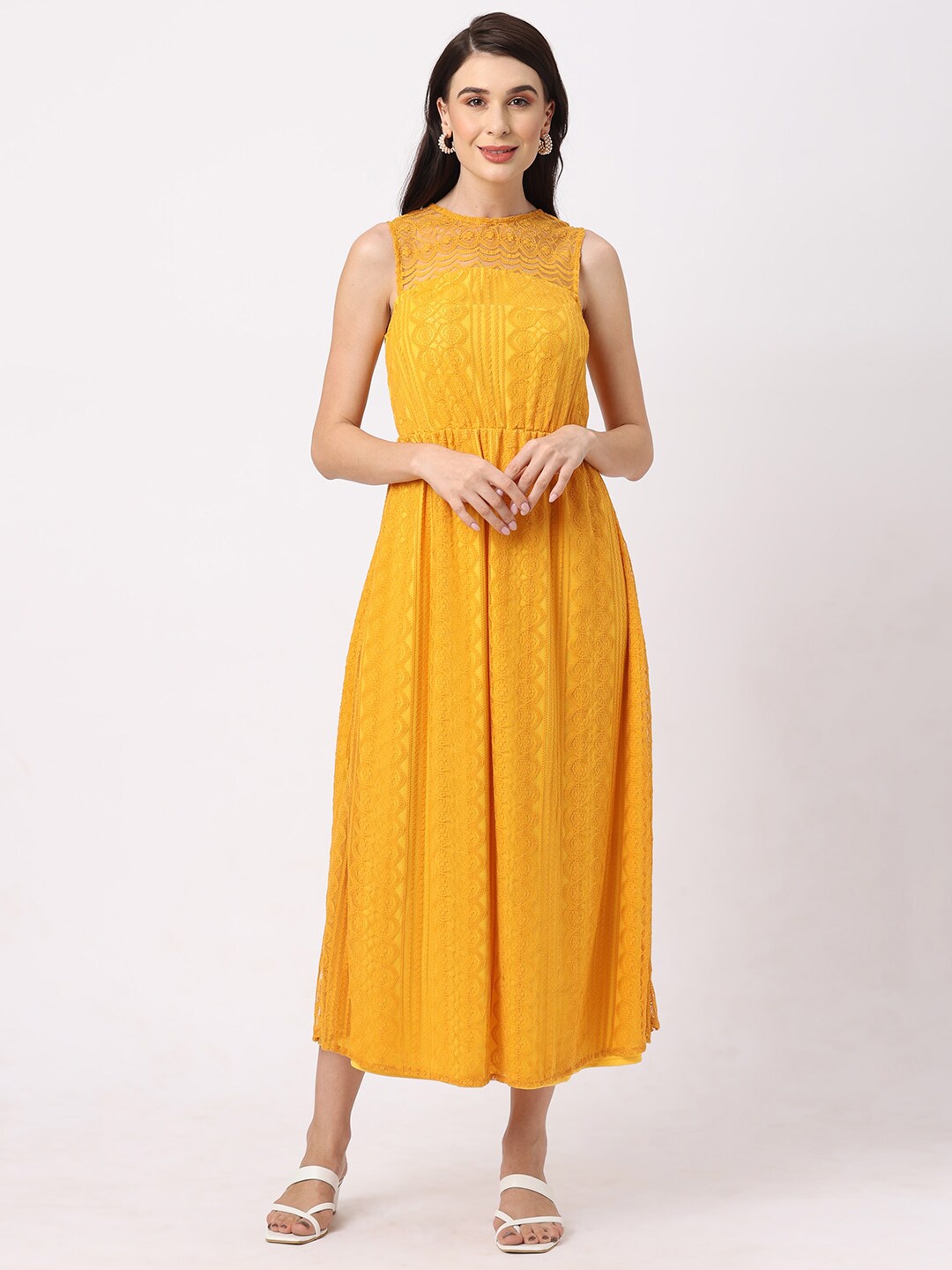 

109F Self Design Gathered Fit & Flare Midi Dress, Mustard