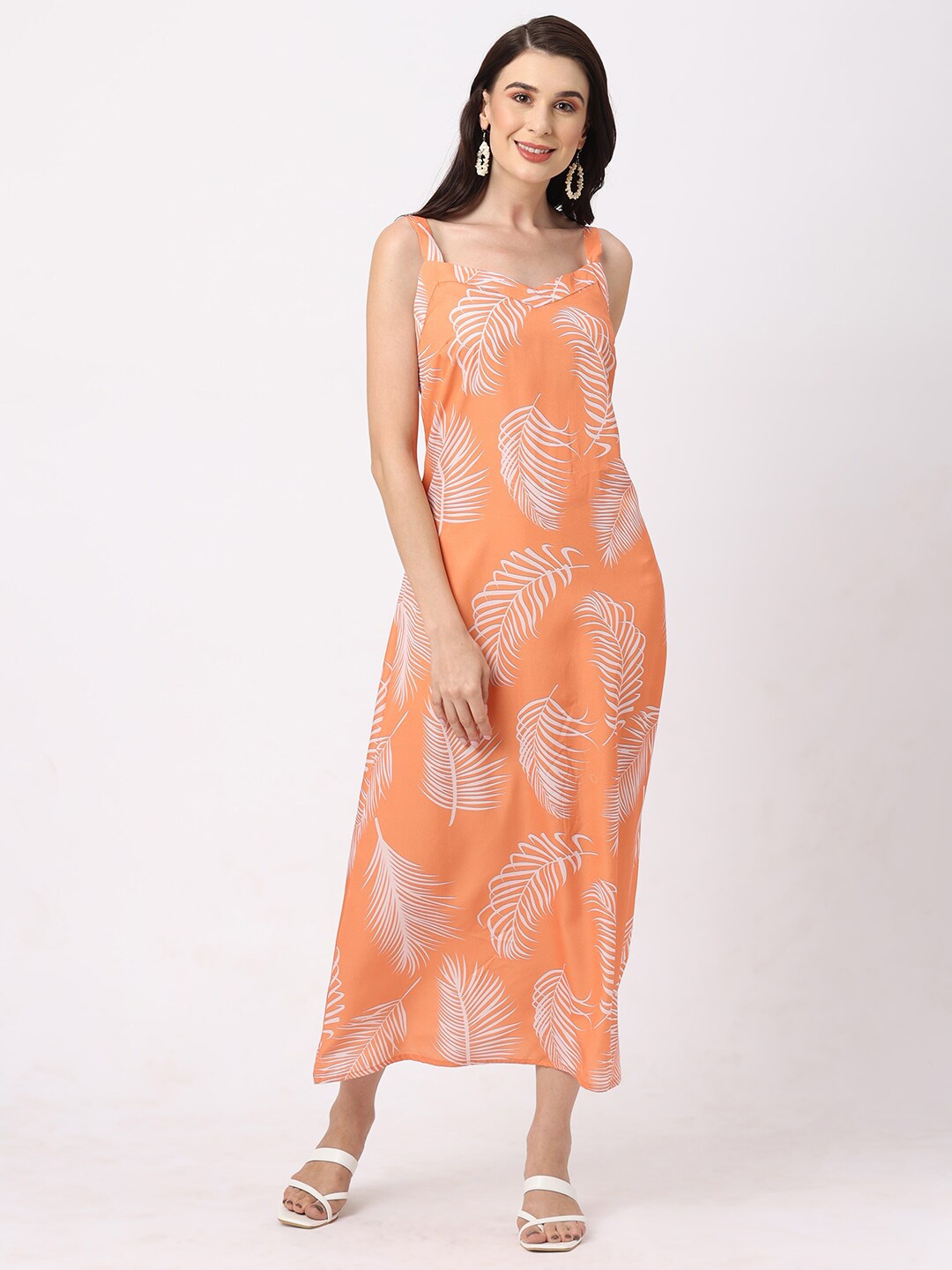 

109F Tropical Printed Shoulder Strap A-Line Dress, Orange