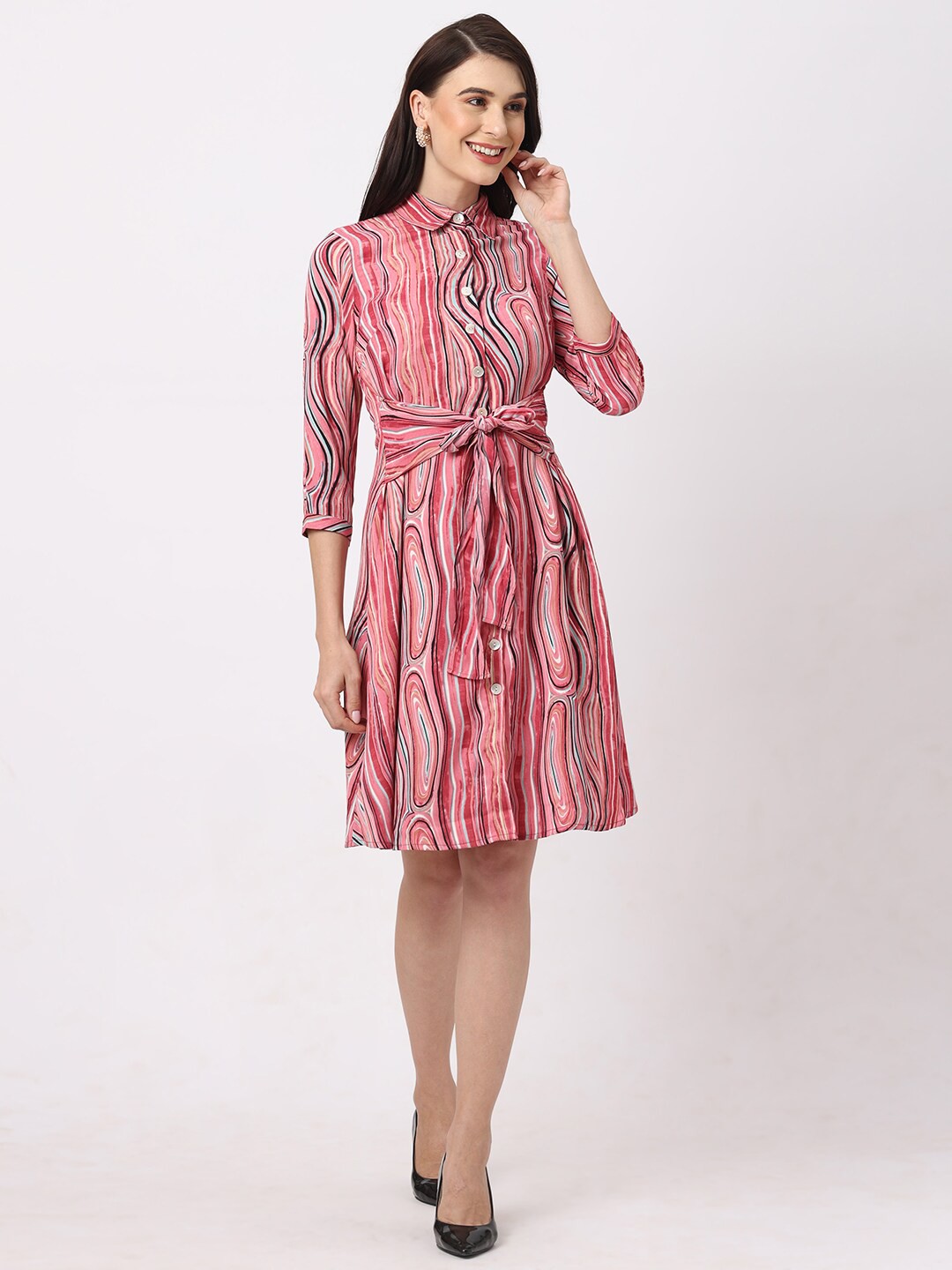 

109F Abstract Printed Shirt Dress, Red