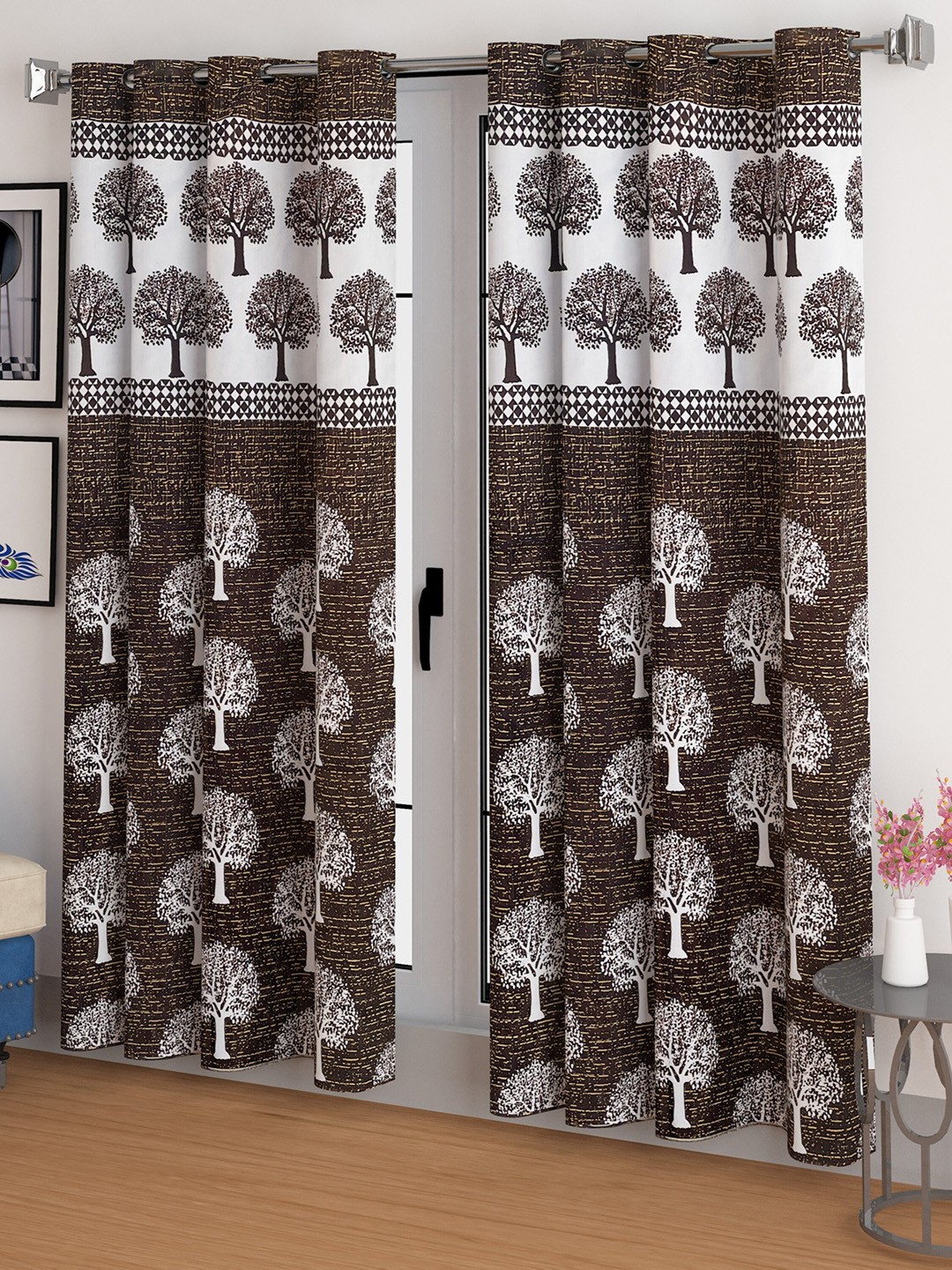 

CG HOMES Brown & White 2 Pieces Ethnic Motifs Sheer Door Curtains