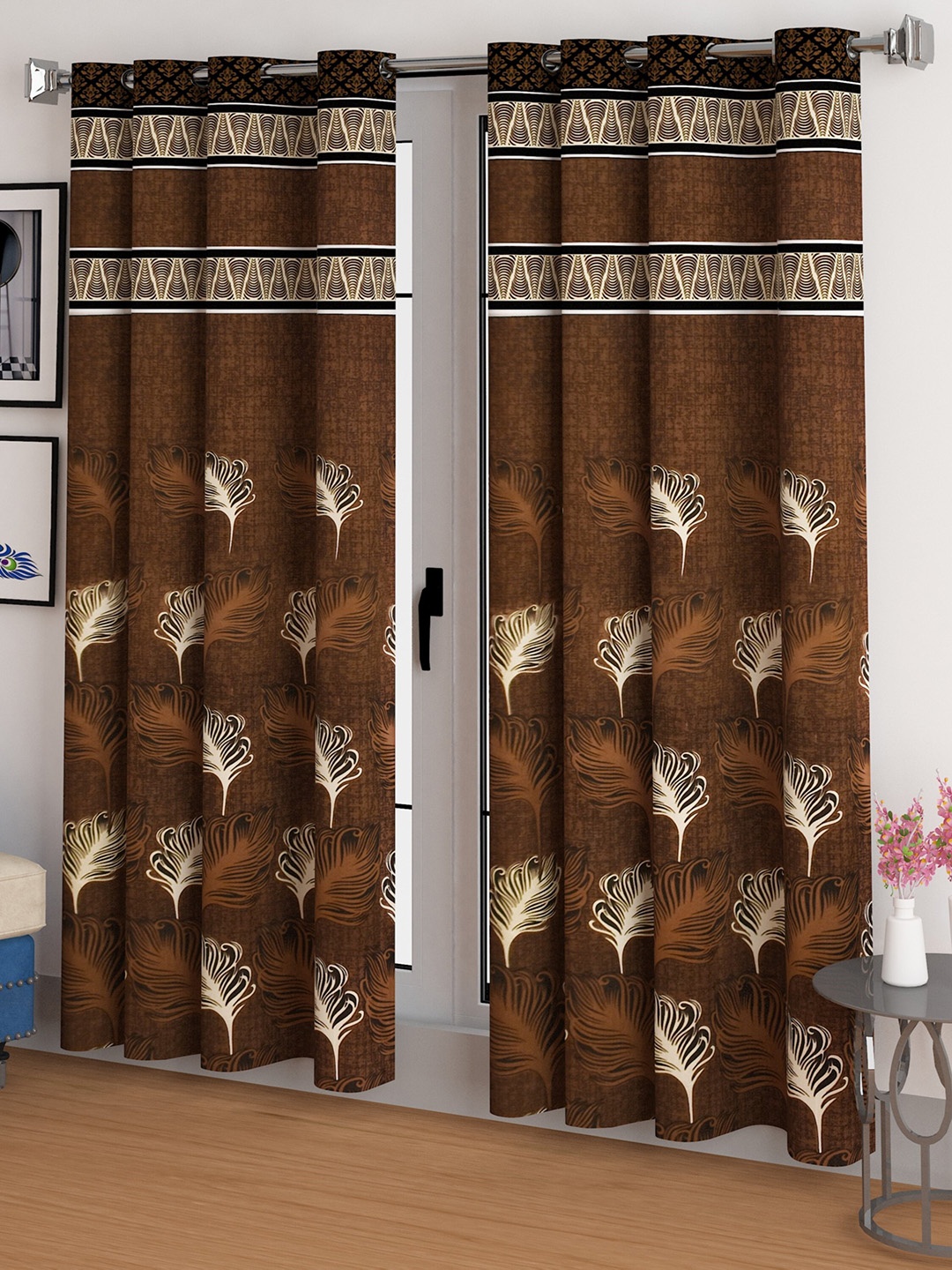 

CG HOMES Brown & Cream-Coloured 2 Pieces Ethnic Motifs Sheer Door Curtains