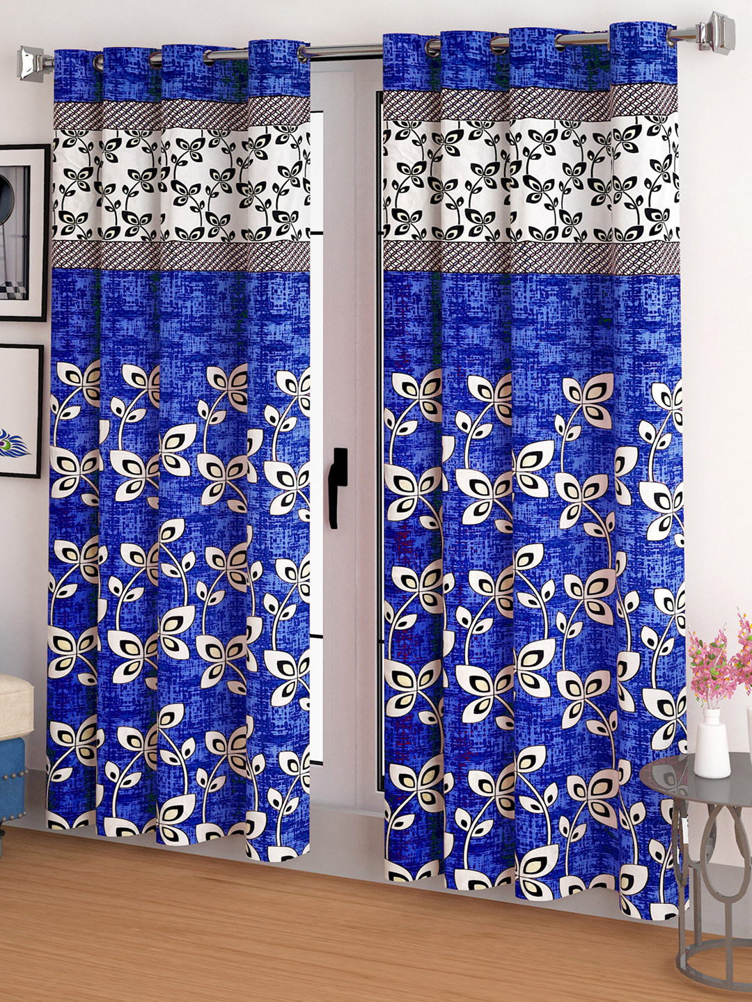 

CG HOMES Blue & White 2 Pieces Floral Sheer Door Curtains