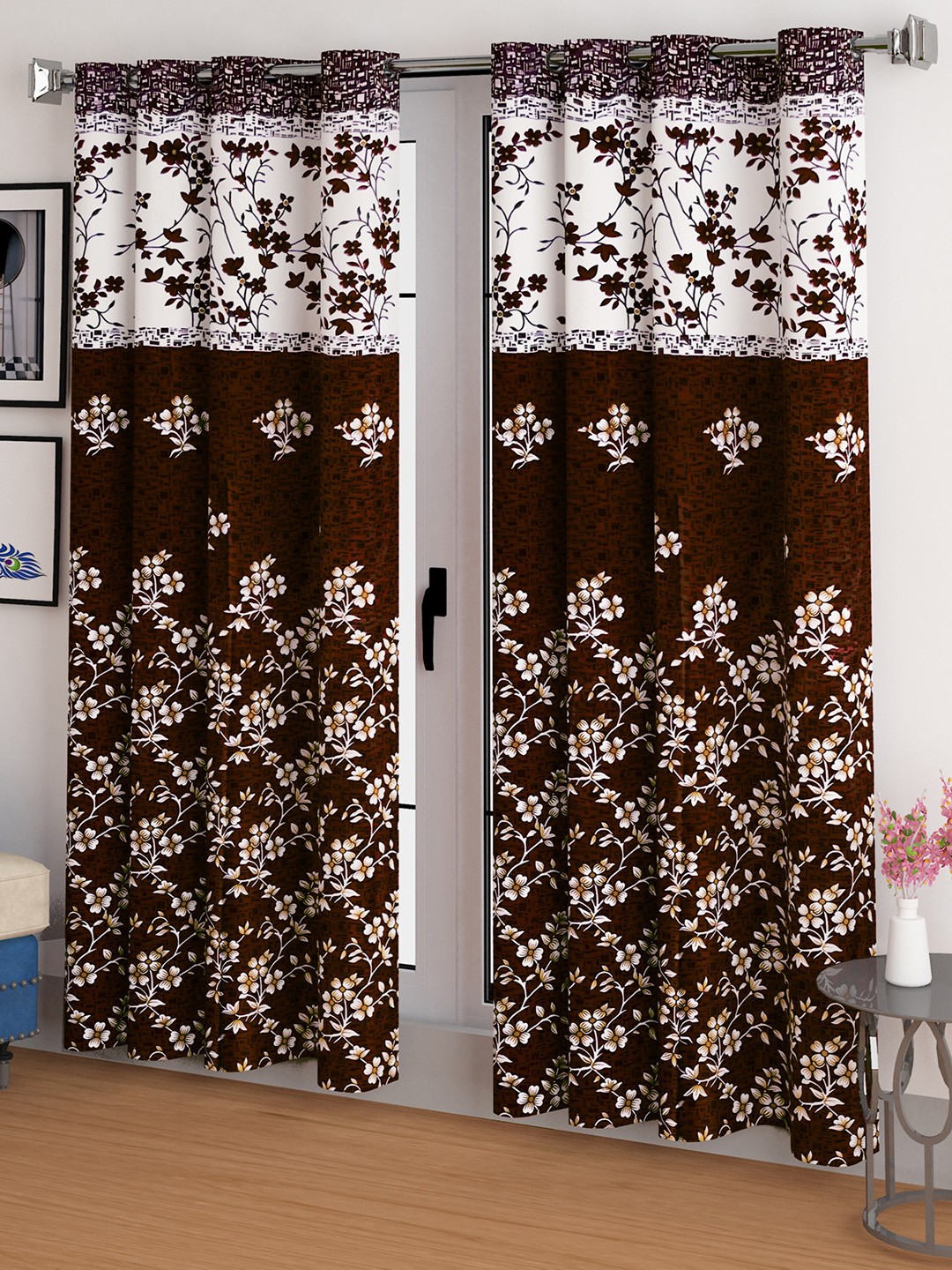 

CG HOMES Brown & White 2 Pieces Ethnic Motifs Sheer Door Curtains