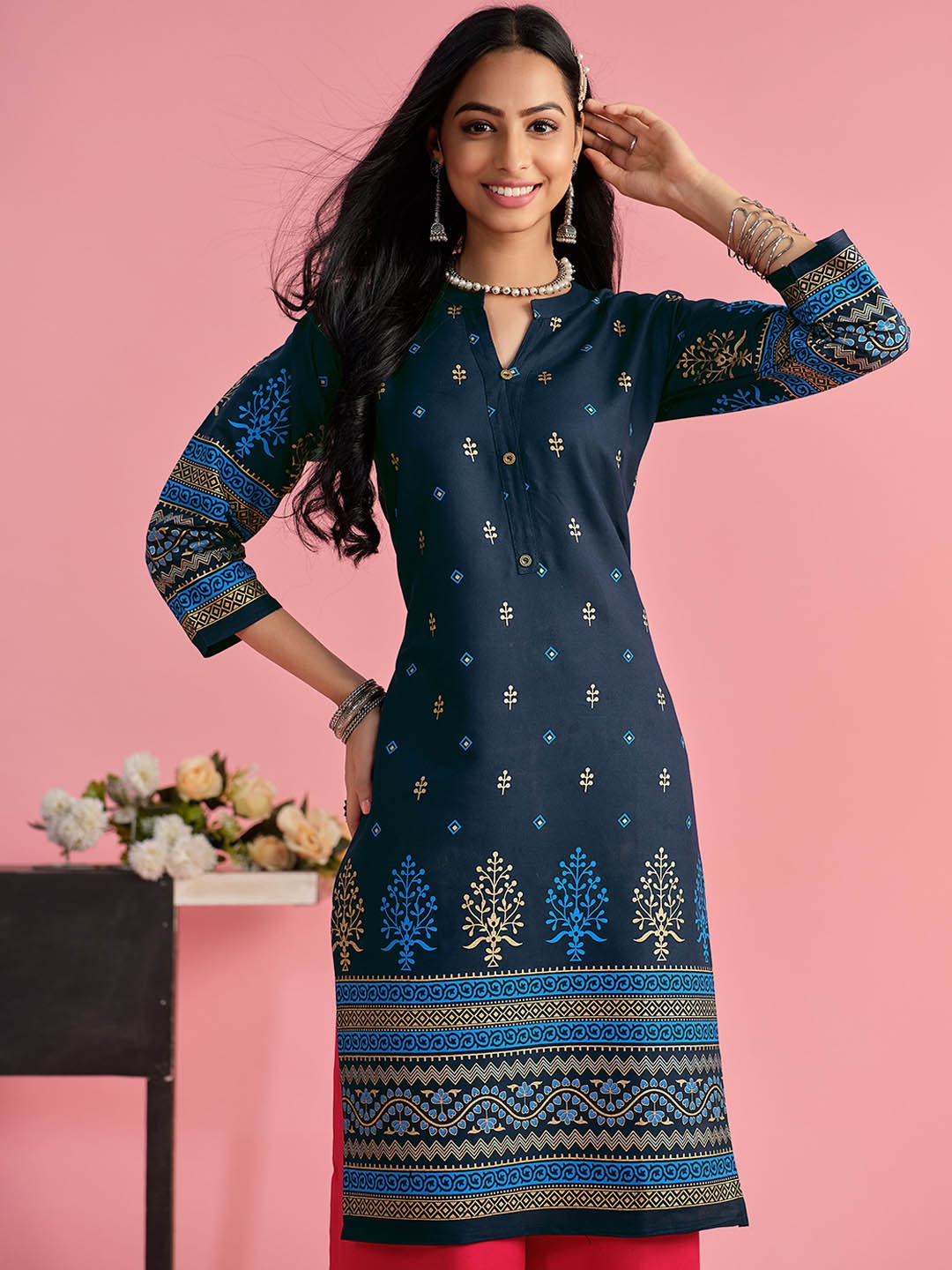 

Sangria Navy Blue & Yellow Ethnic Motifs Printed Pure Cotton Kurta