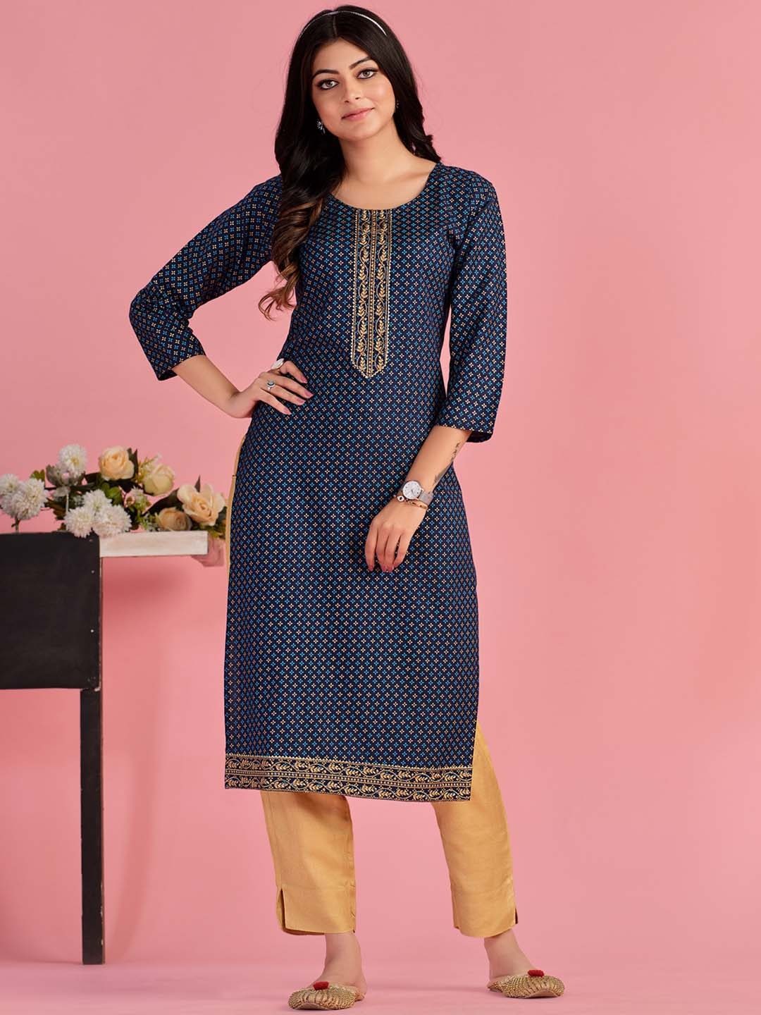 

Sangria Navy Blue & Yellow Foil Printed & Embroidered Pure Cotton Straight Kurta
