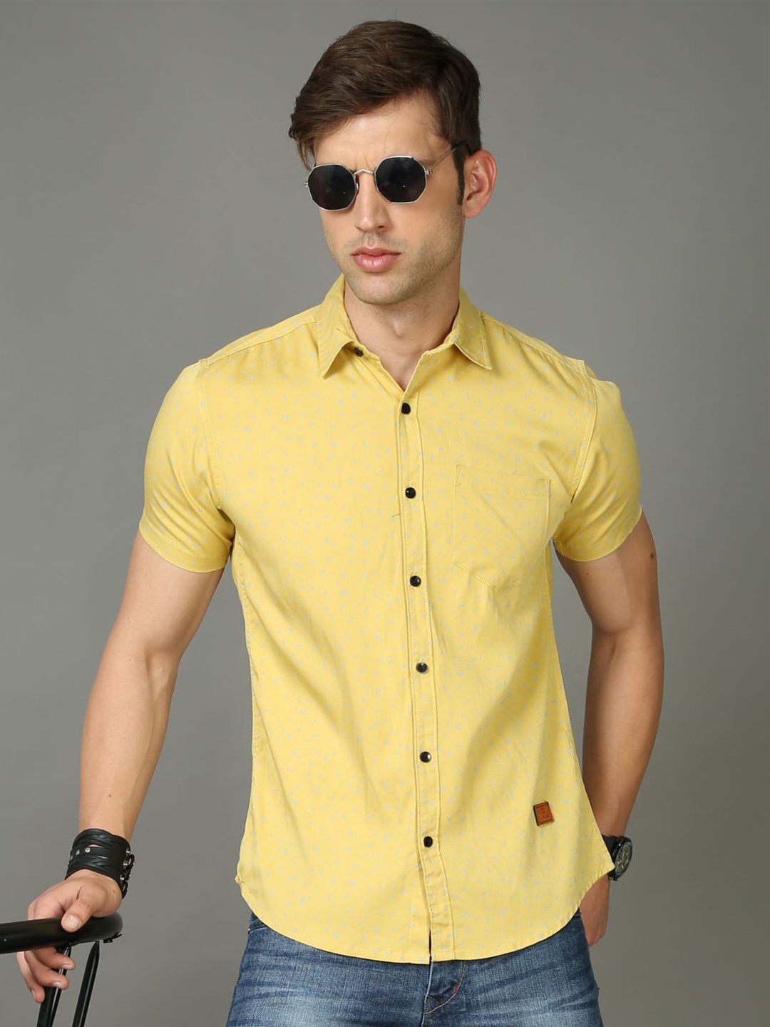 

Tallwalker Straight Micro Ditsy Printed Twill Cotton Slim Fit Casual Shirt, Yellow