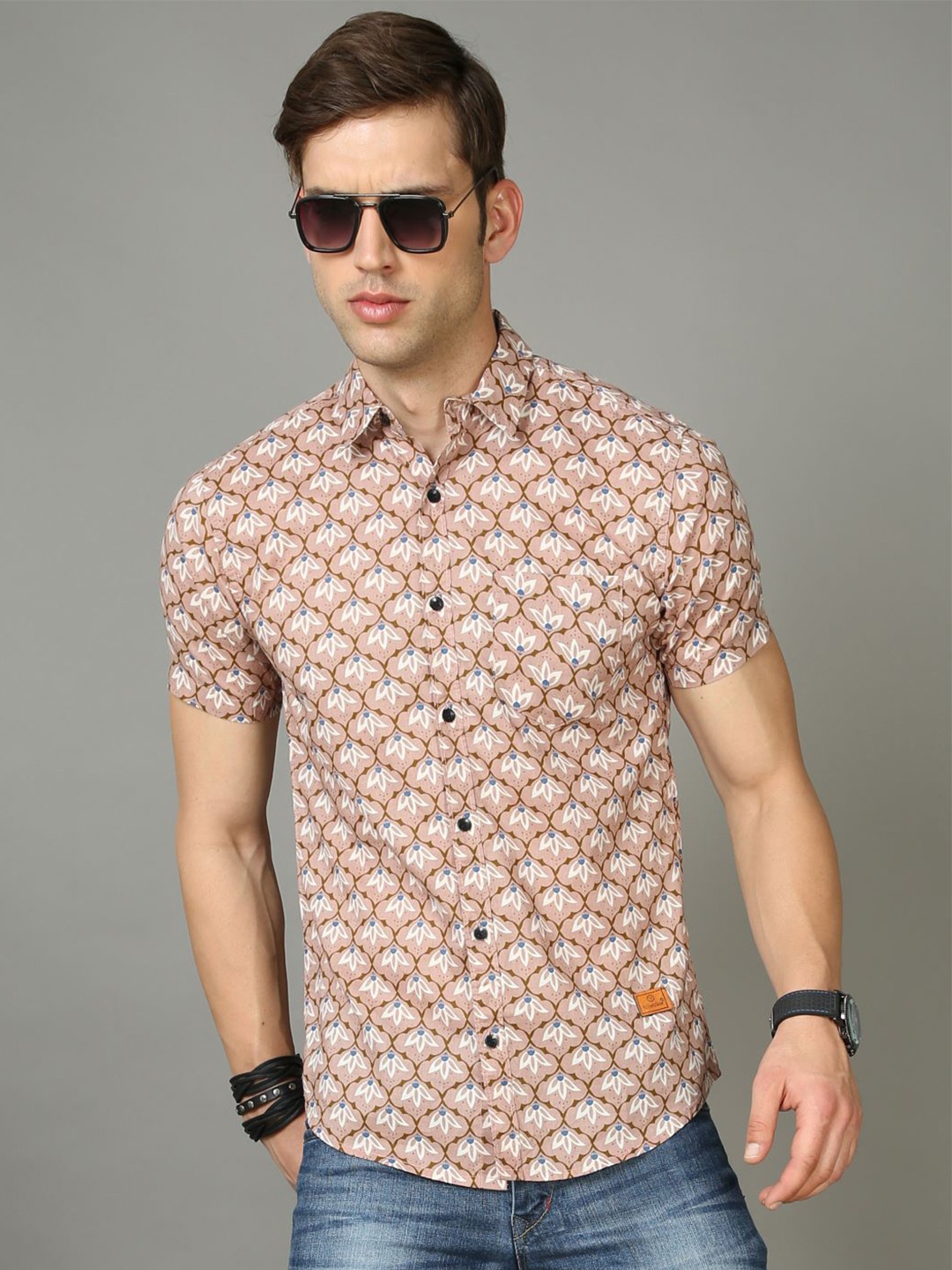 

Tallwalker Straight Floral Printed Twill Cotton Slim Fit Casual Shirt, Brown