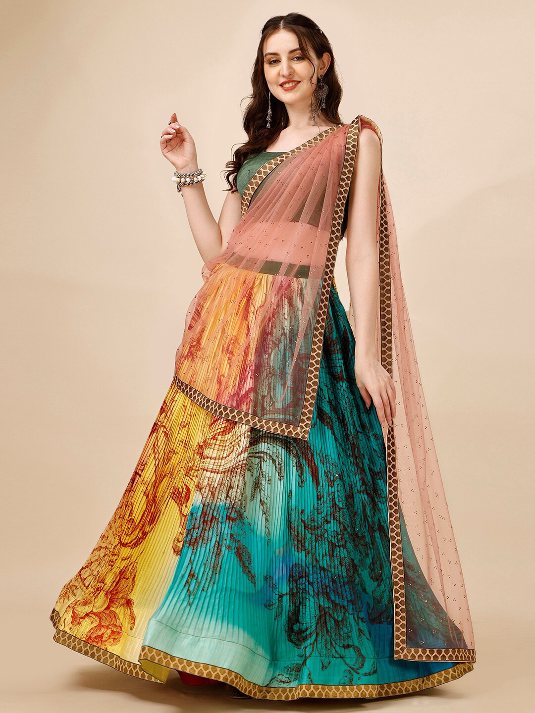 

SAPTRANGI Printed Semi-Stitched Lehenga & Unstitched Blouse With Dupatta, Green