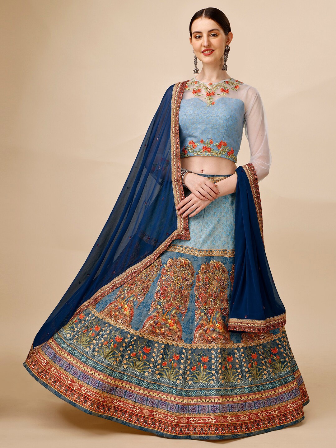 

SAPTRANGI Embroidered Thread Work Semi-Stitched Lehenga & Unstitched Blouse With Dupatta, Blue