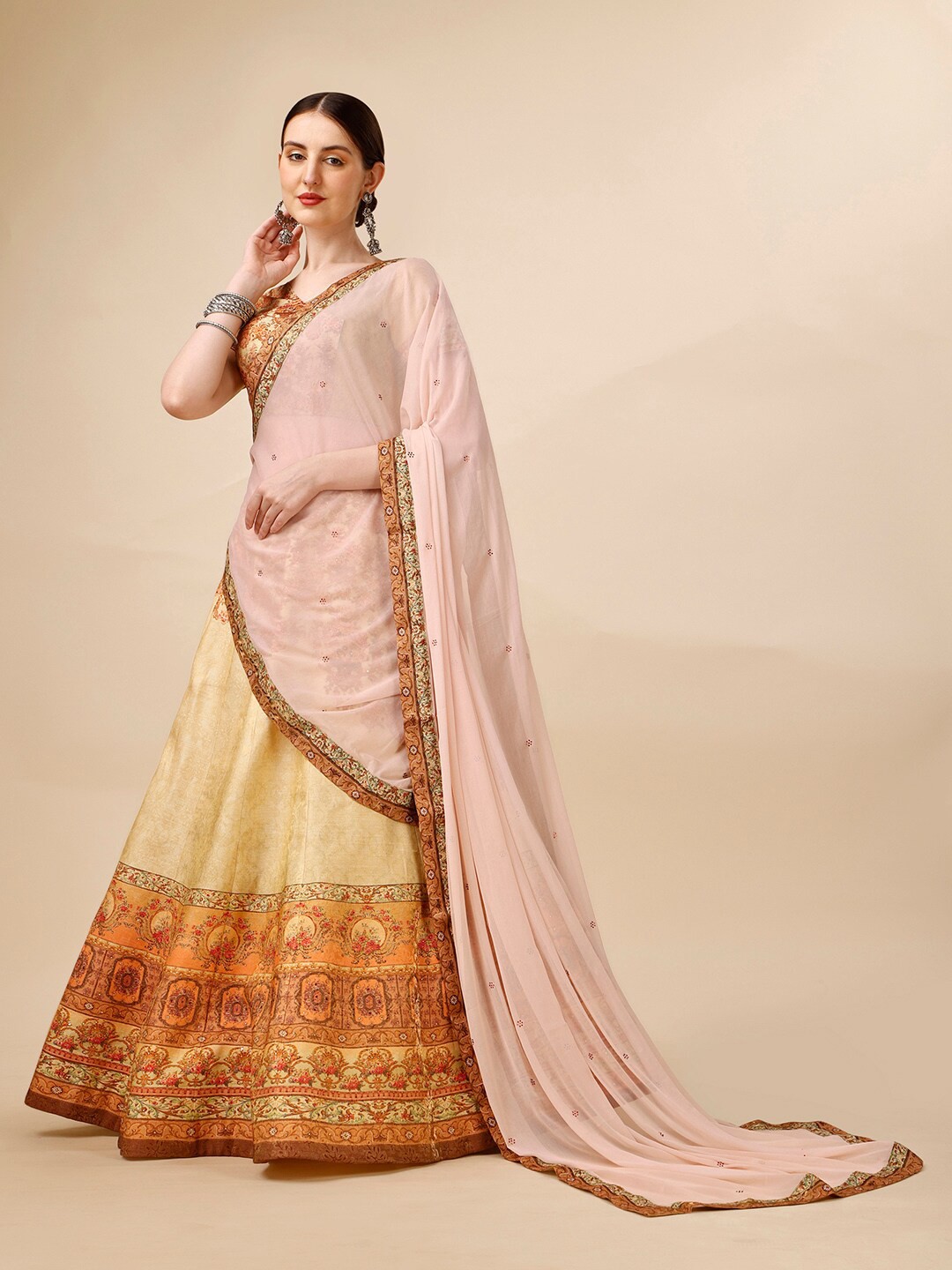 

SAPTRANGI Printed Semi-Stitched Lehenga & Unstitched Blouse With Dupatta, Cream