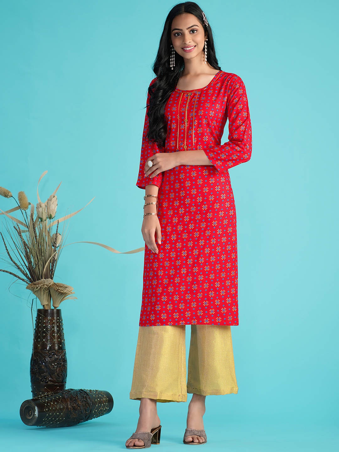 

Sangria Printed Gotta Patti Pure Cotton Straight Kurta, Red