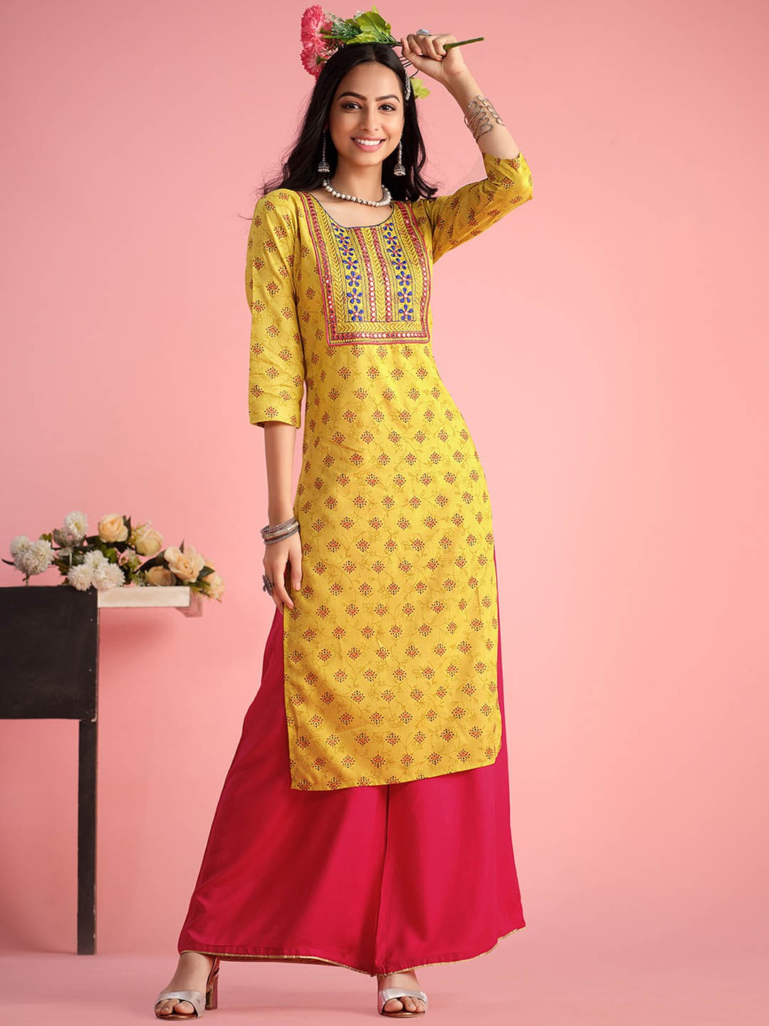 

Sangria Mustard Yellow Floral Printed Thread Work Pure Cotton Straight Kurta