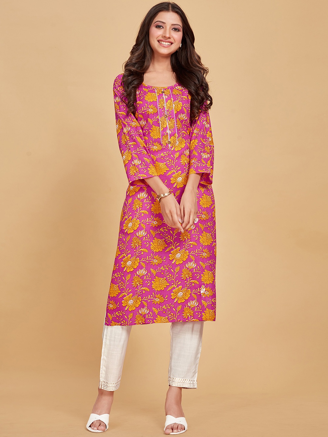 

Sangria Pink & Yellow Floral Printed Pure Cotton Straight Kurta