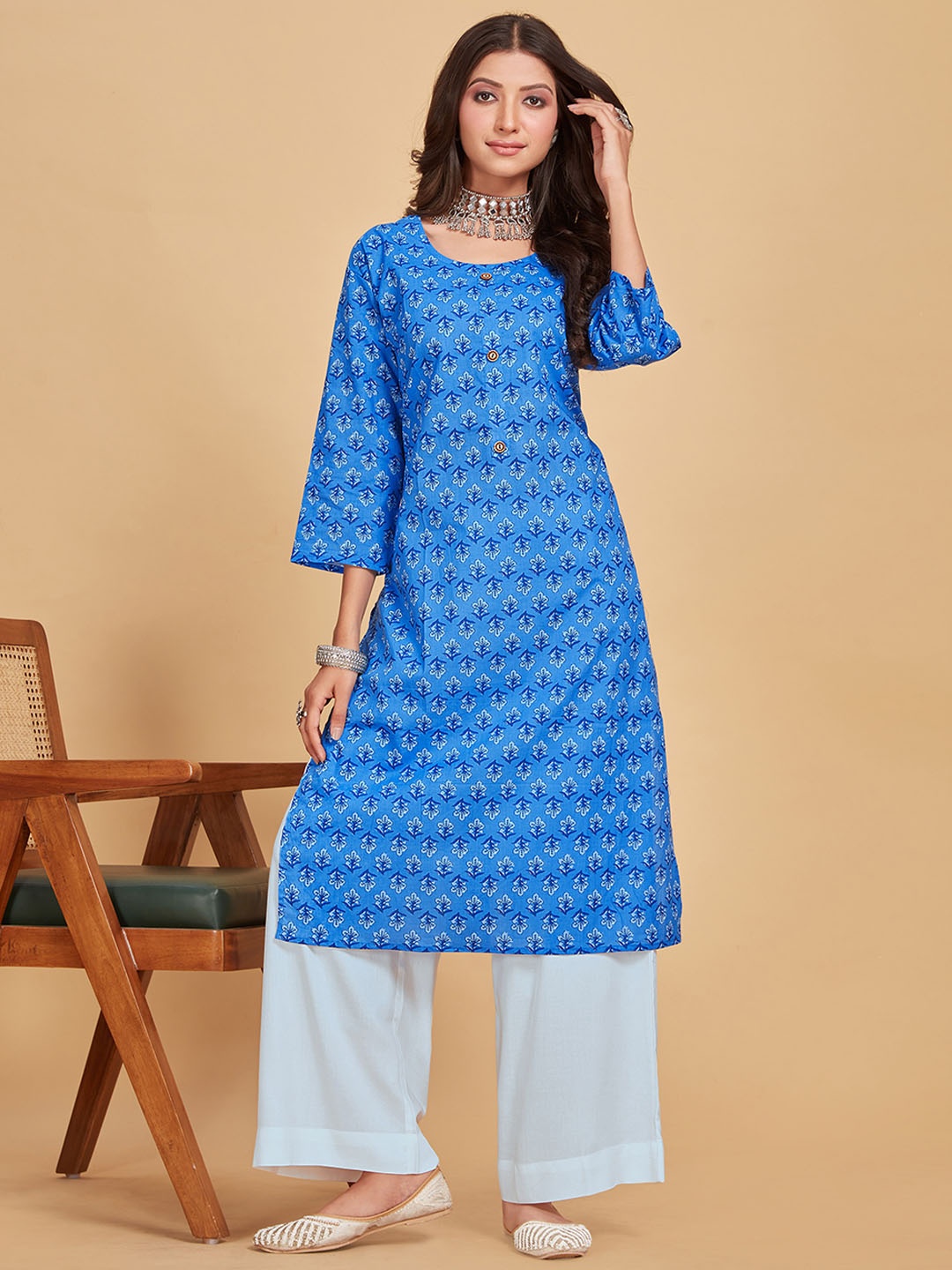 

Sangria Blue Ethnic Motifs Printed Straight Kurta