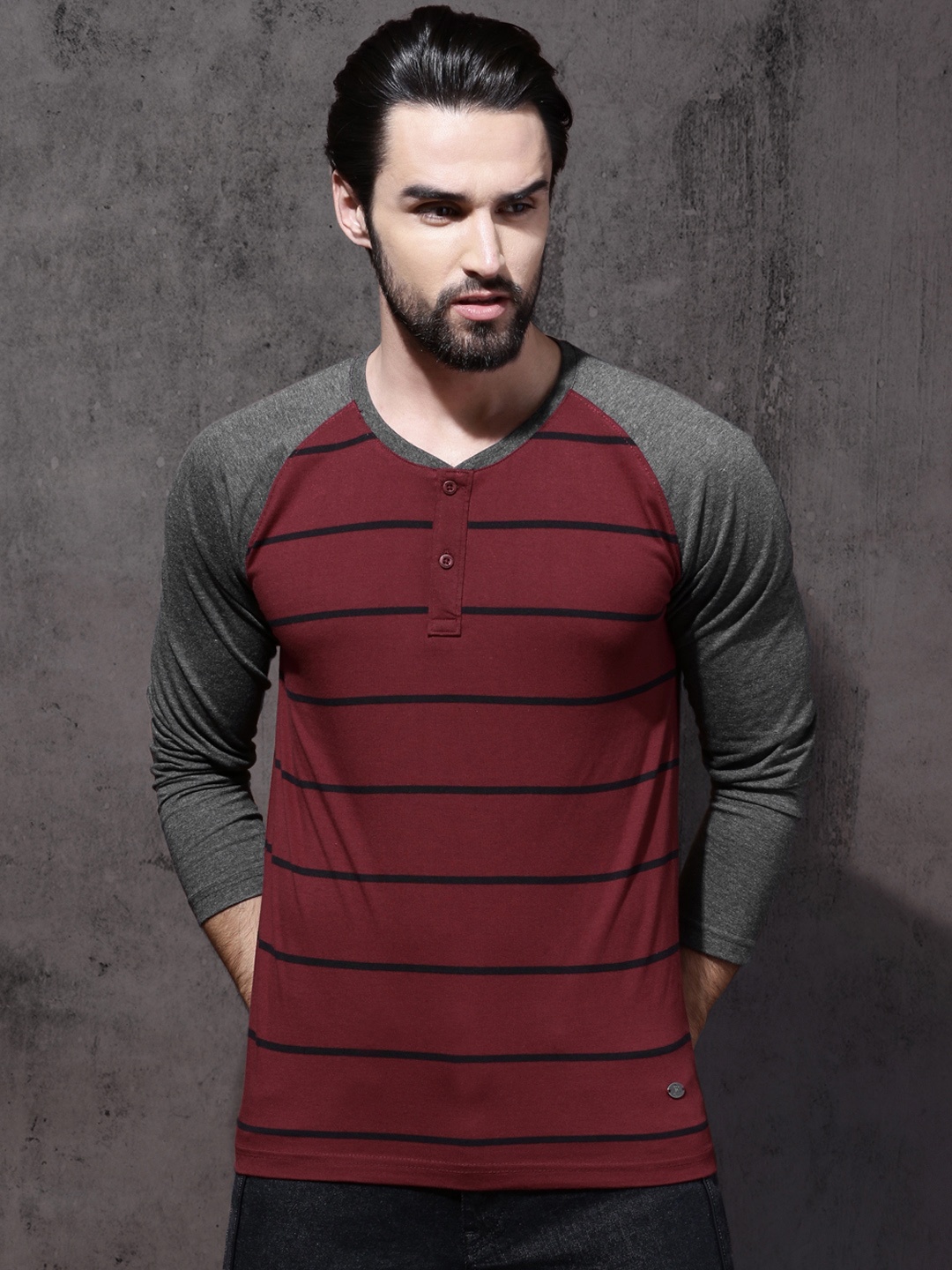 

Roadster Men Maroon & Black Striped Henley Neck T-shirt