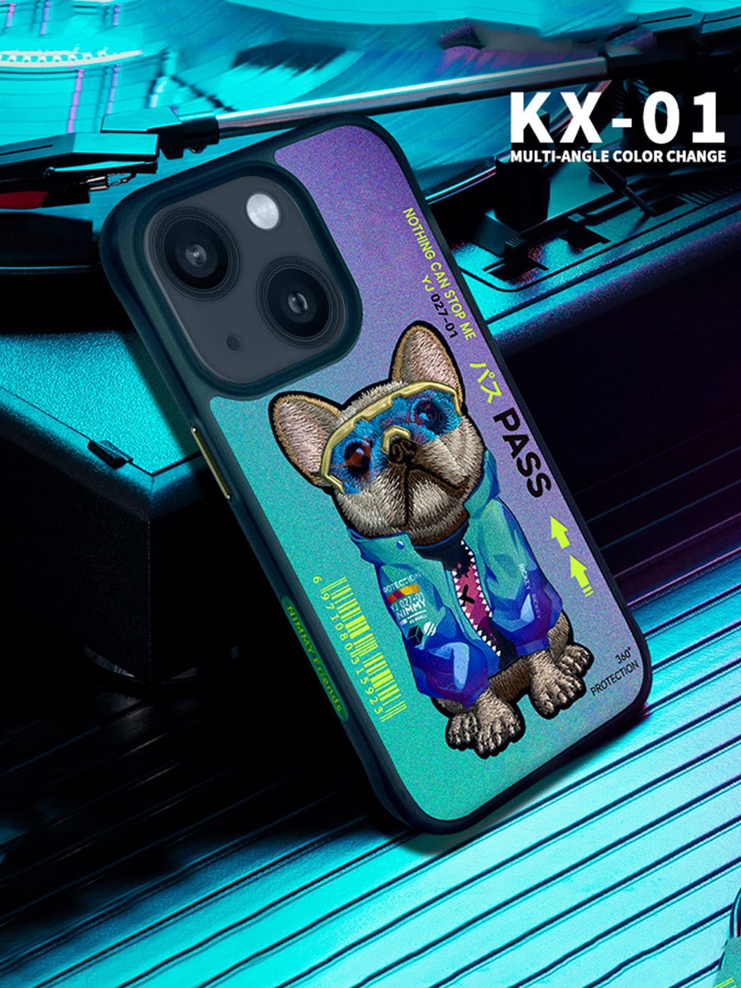 

TREEMODA 3D Thread Embroidered Dog Color Changing iPhone 13 Leather Back Case, Purple
