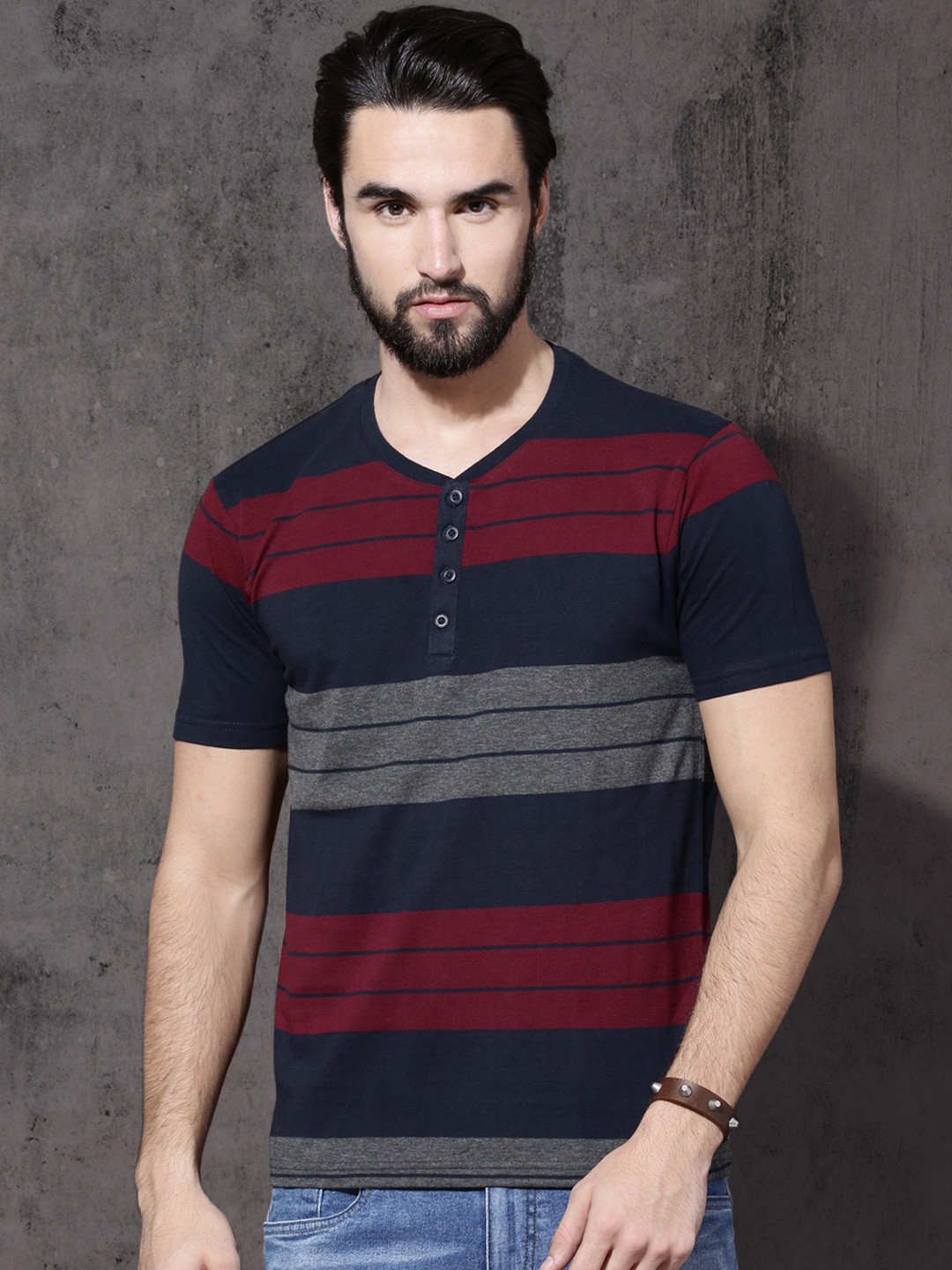 

Roadster Men Navy Blue & Maroon Striped Henley Neck T-shirt
