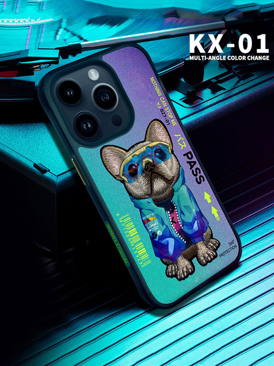 

TREEMODA iPhone 14 Pro Max 3D Thread Embroidered Leather Phone Back Cover, Blue