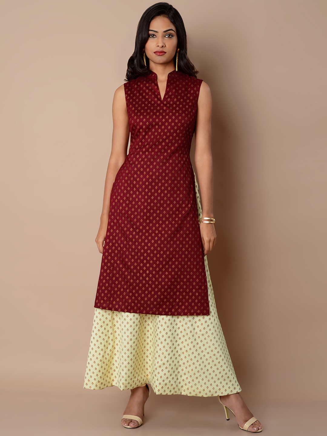 

INDYA Women Maroon & Cream-Coloured Silk Printed Layered A-Line Kurta with Attached Skirt