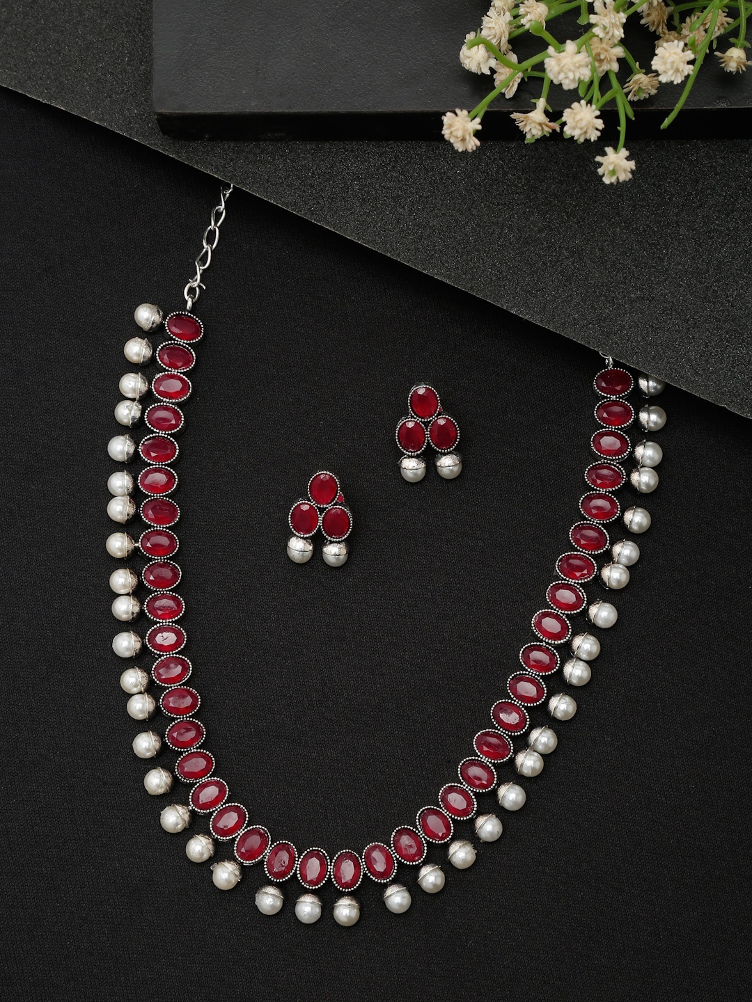 

YouBella Silver-Plated Stone-Studded & Beaded Necklace & Earrings