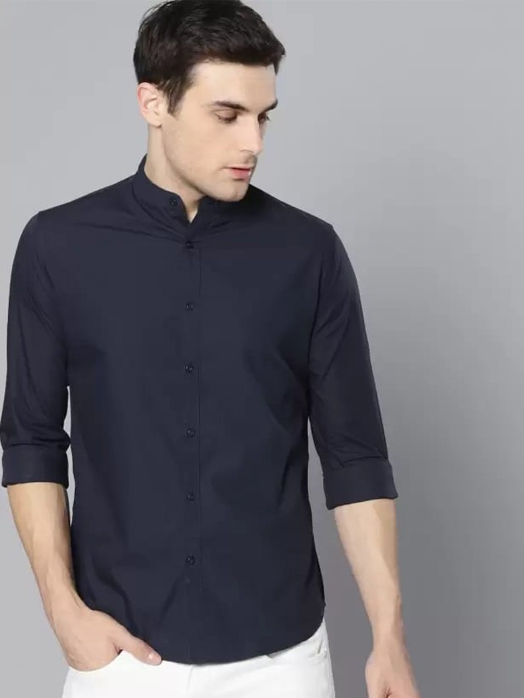 

PLUS 91 Standard Mandarin Collar Cotton Casual Shirt, Blue