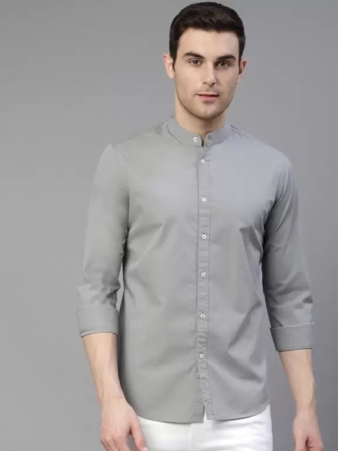 

PLUS 91 Standard Mandarin Collar Cotton Casual Shirt, Grey