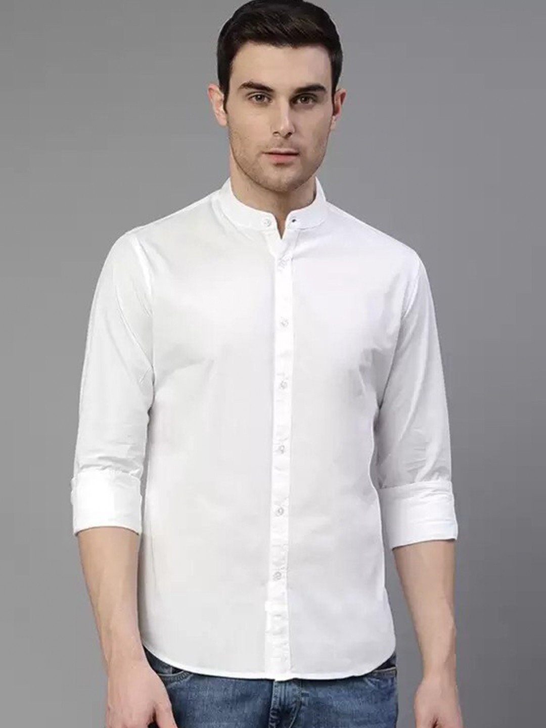 

PLUS 91 Standard Mandarin Collar Cotton Casual Shirt, White