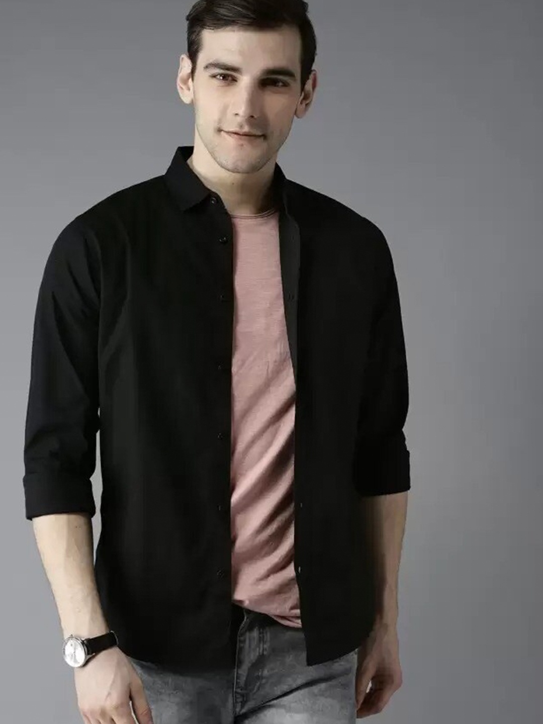 

PLUS 91 Standard Spread Collar Cotton Casual Shirt, Black