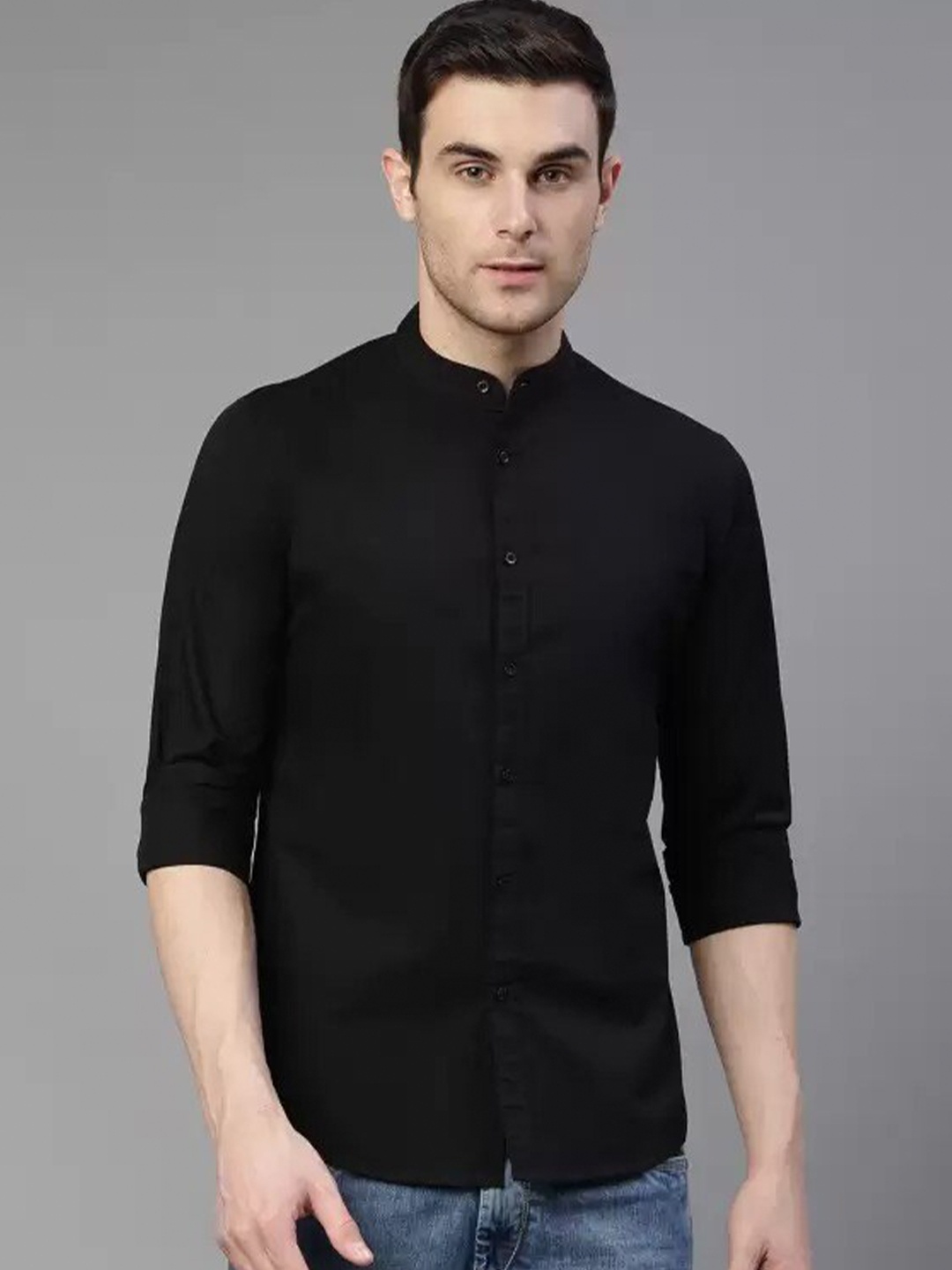 

PLUS 91 Standard Mandarin Collar Cotton Casual Shirt, Black