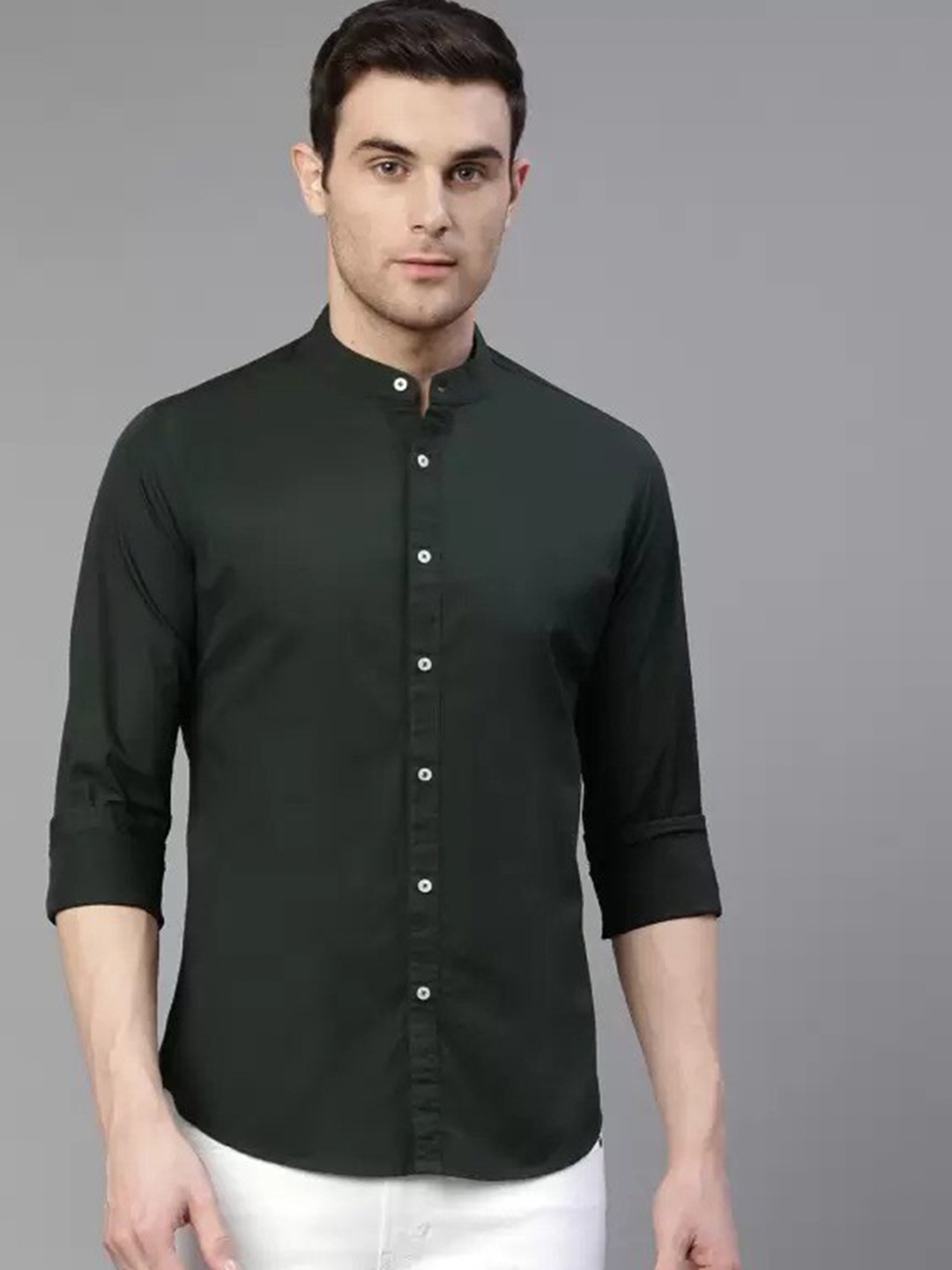 

PLUS 91 Standard Mandarin Collar Cotton Casual Shirt, Green
