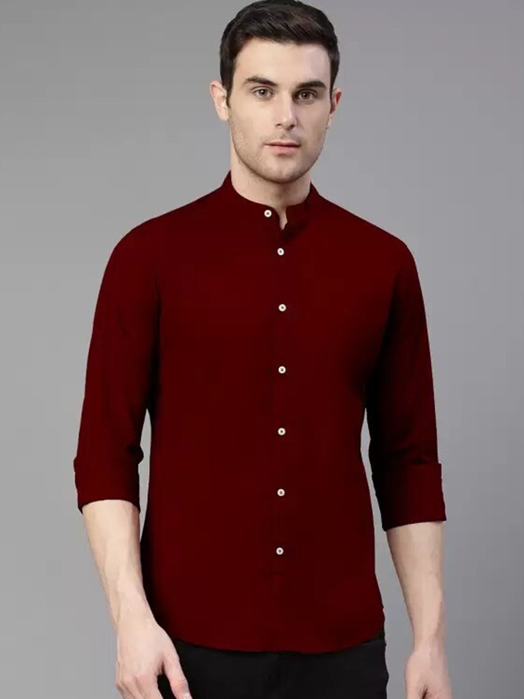 

PLUS 91 Standard Mandarin Collar Cotton Casual Shirt, Maroon