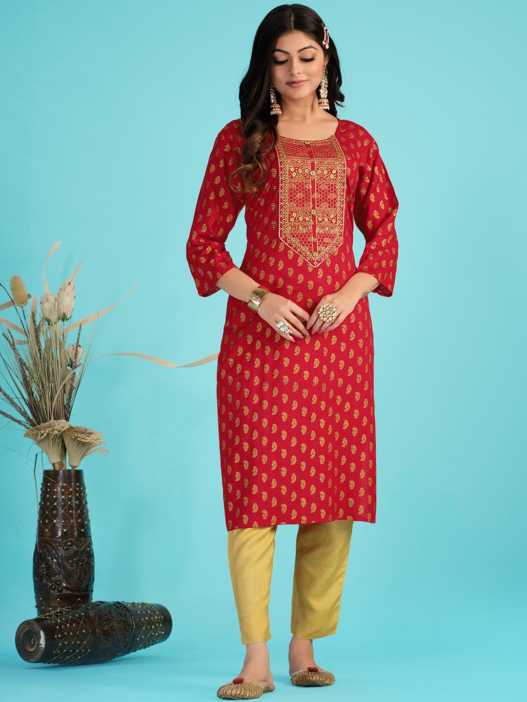 

Sangria Red & Gold Toned Paisley Printed & Embroidered Pure Cotton Straight Kurta
