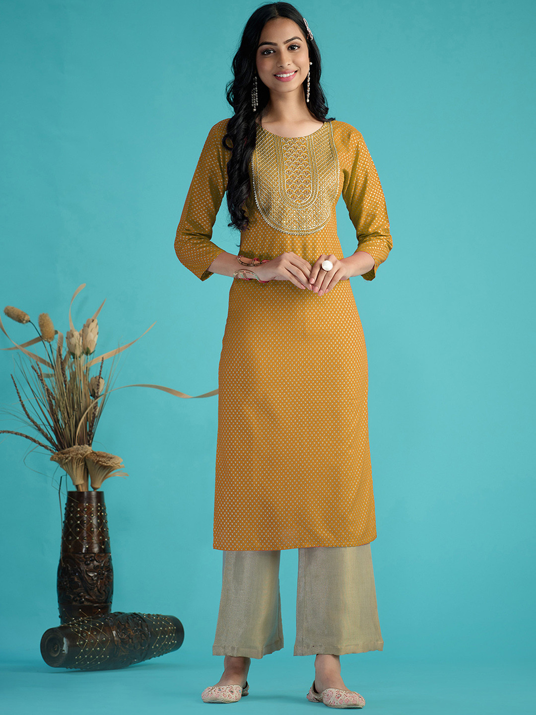 

Sangria Mustard Embellished Thread Work Pure Cotton Straight Kurta