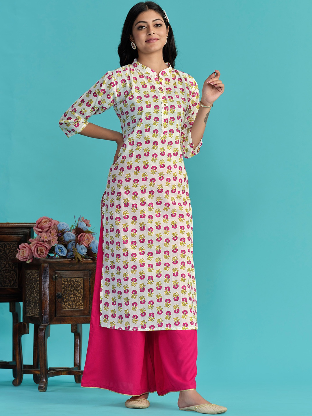 

Sangria Ethnic Motifs Printed Pure Cotton Straight Kurta, Off white