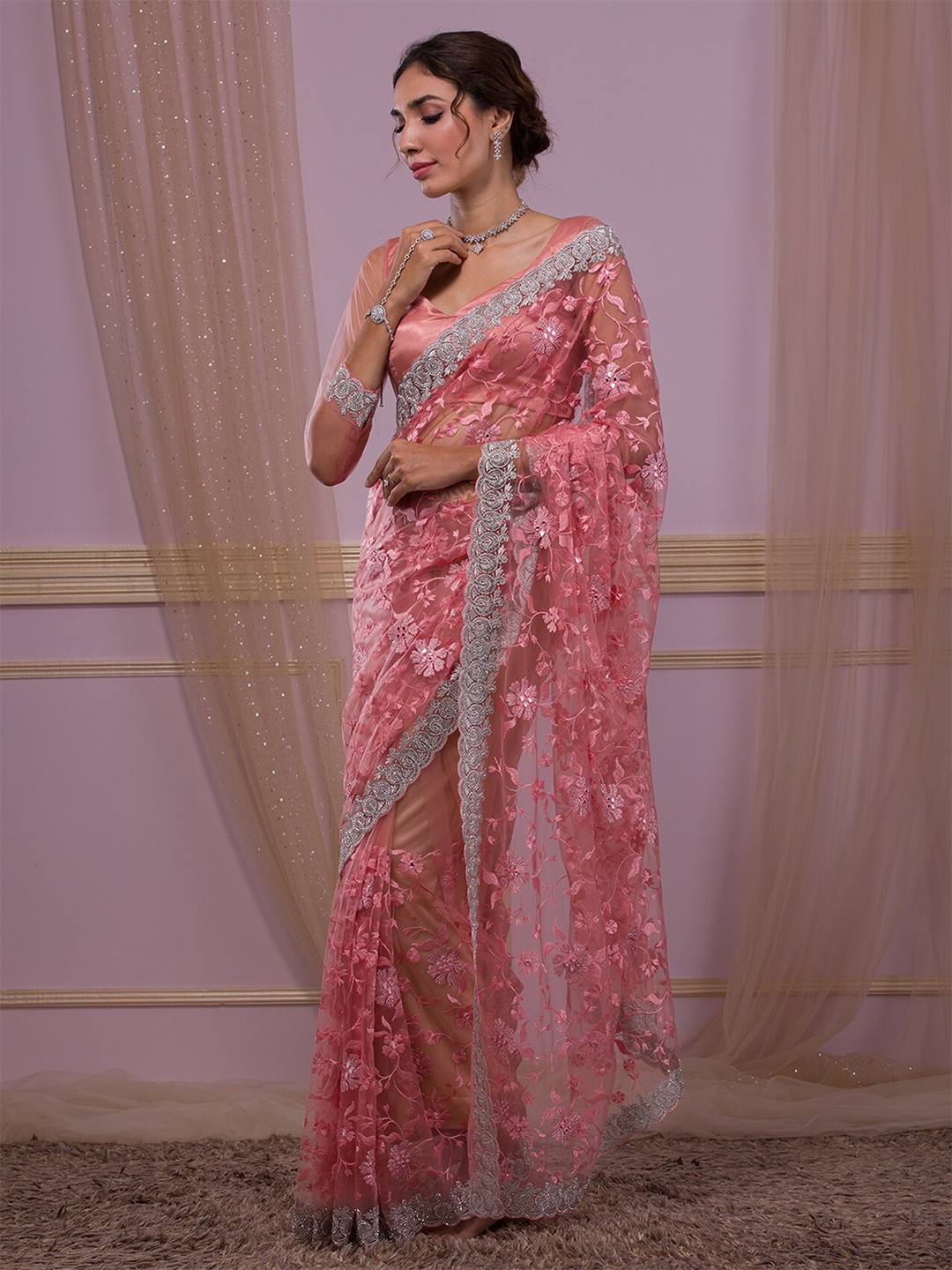 

Koskii Floral Embroidered Mirror Work Net Saree, Pink