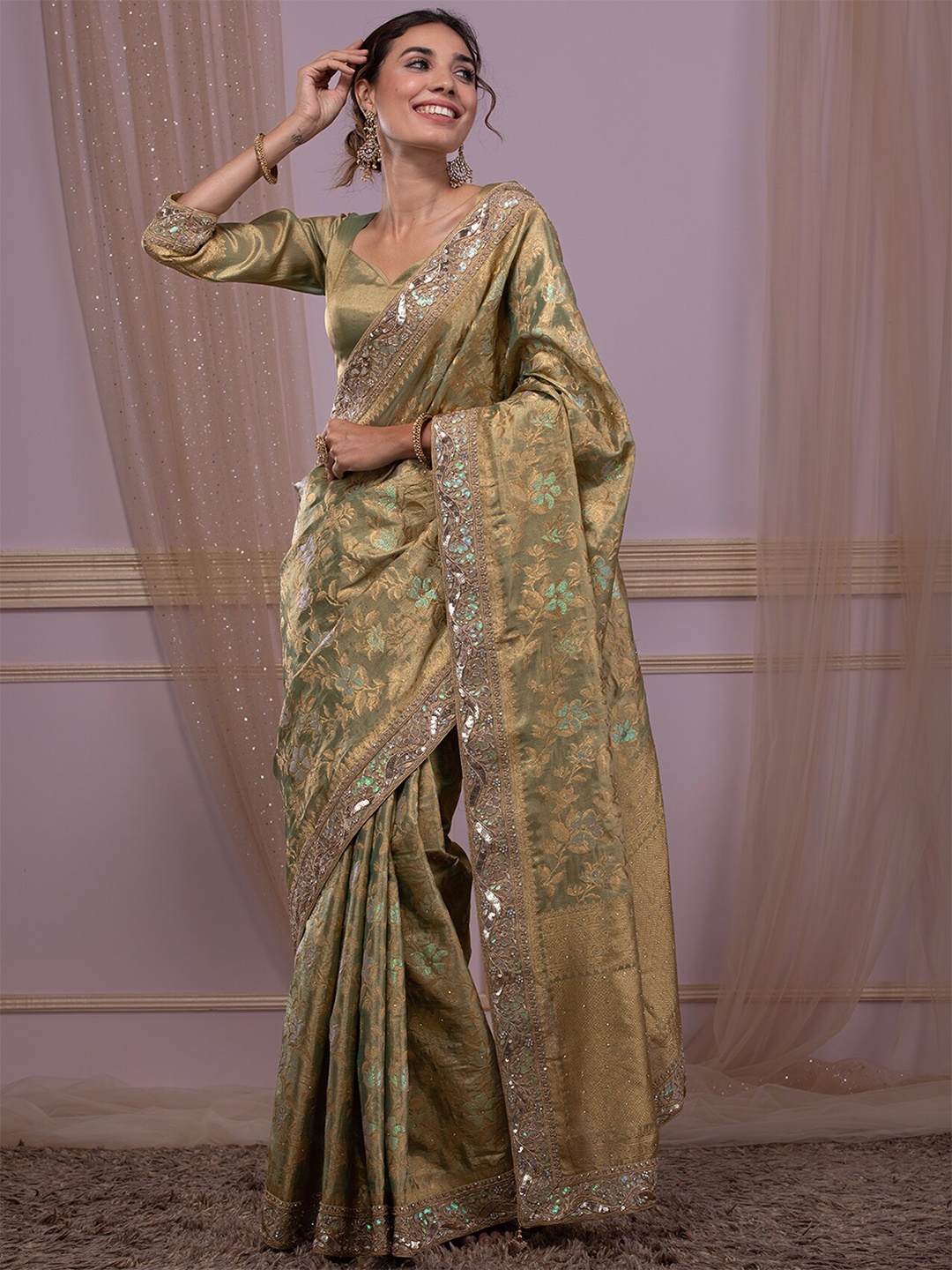 

Koskii Woven Design Zari Brocade Banarasi Saree, Green