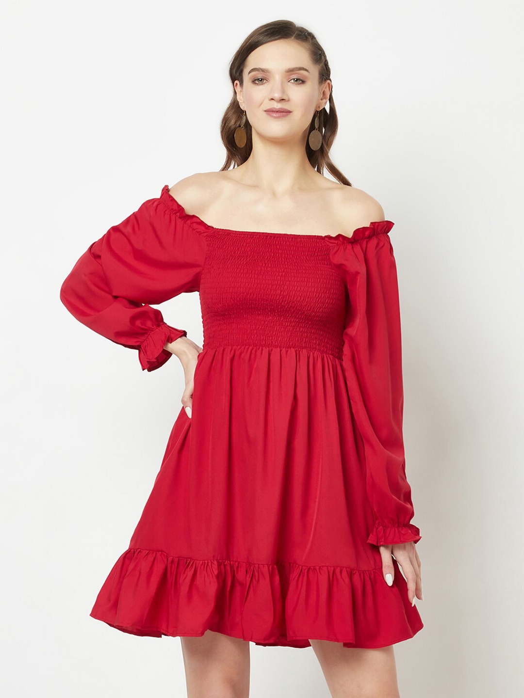 

GLITO Off-Shoulder Puff Sleeve Fit & Flare Dress, Maroon