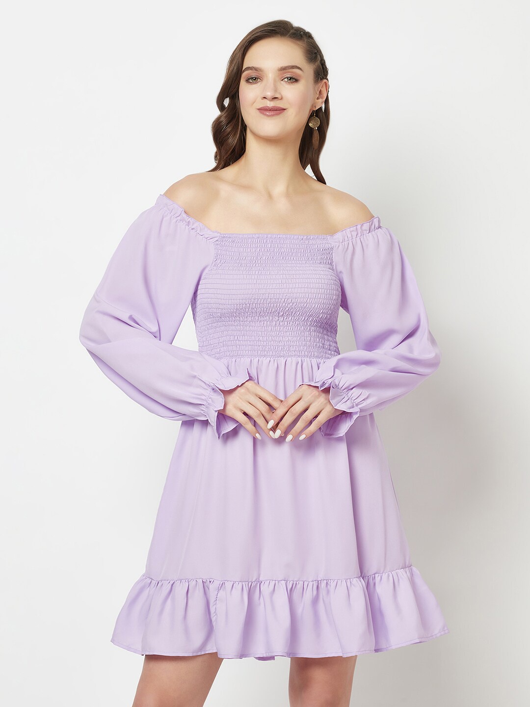 

GLITO Solid Off-Shoulder Puff Sleeve Smocked Fit & Flare Dress, Lavender