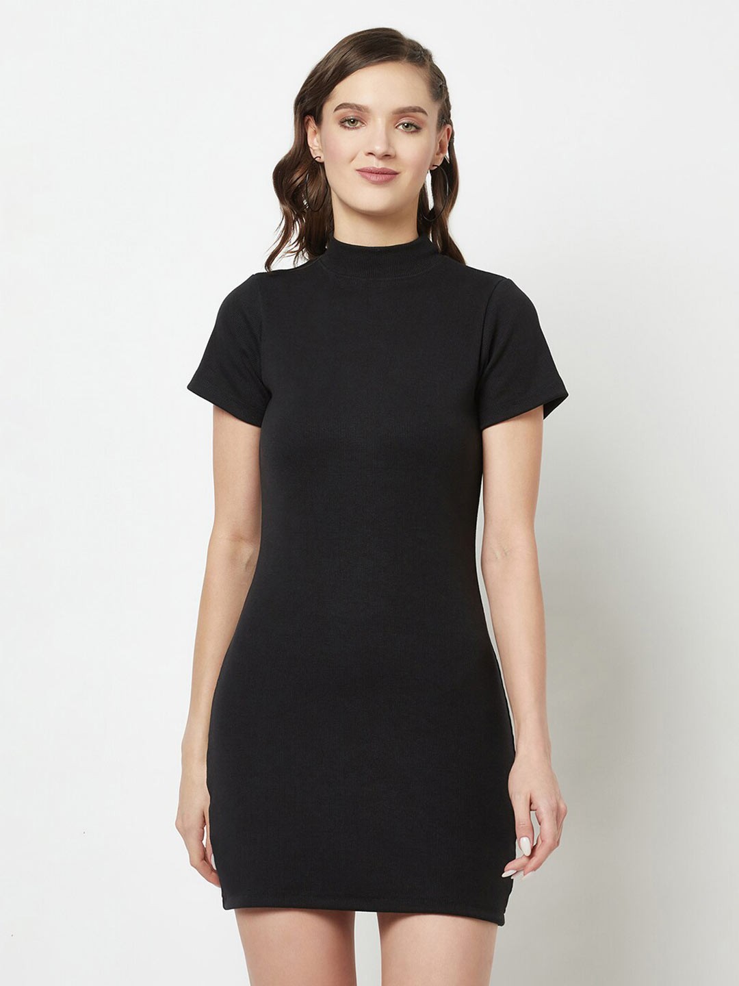 

GLITO Solid High Neck Short Sleeve Bodycon Mini Dress, Black