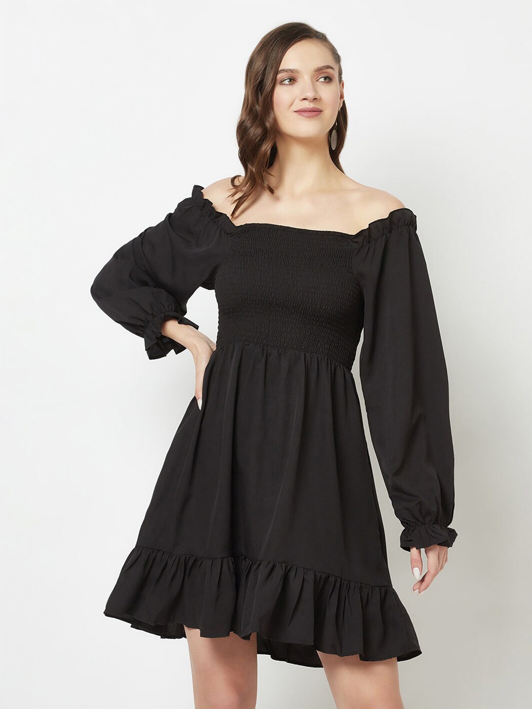 

GLITO Solid Off-Shoulder Puff Sleeve Smocked Fit & Flare Dress, Black