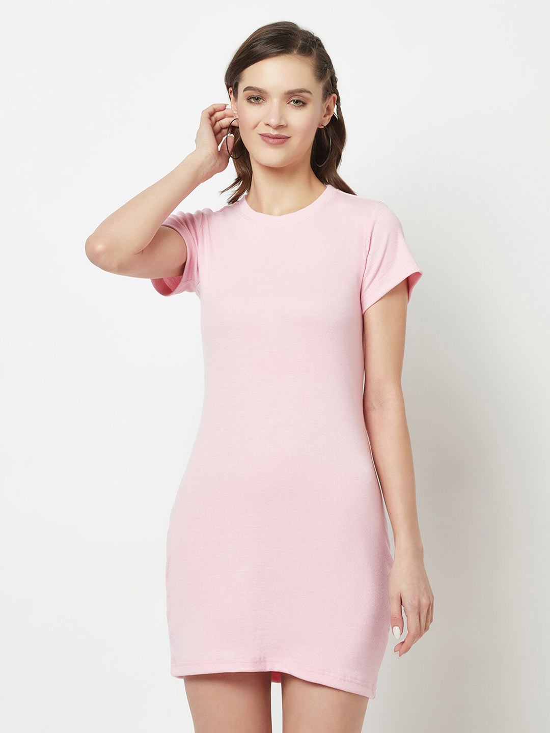 

GLITO Solid Round Neck Short Sleeve Bodycon Mini Dress, Pink