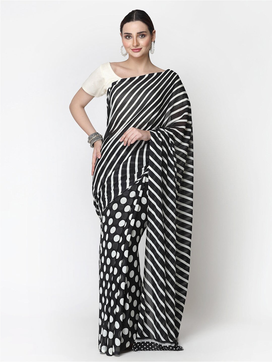 

KALINI Striped Georgette Saree, Black